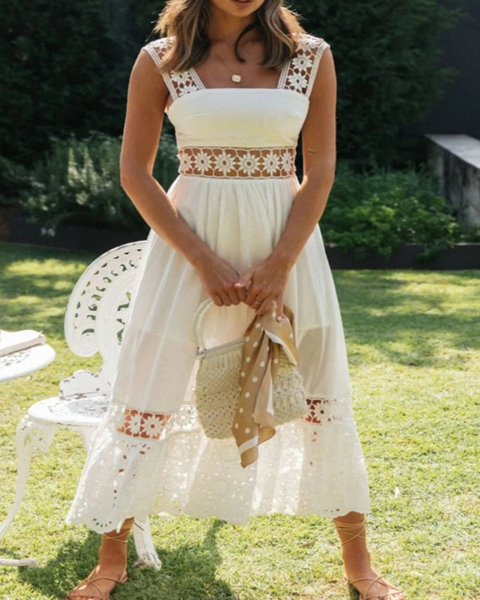 Cosima – Boho Lace Square Neck Midi Cami Dress - Dresse - Boho Style