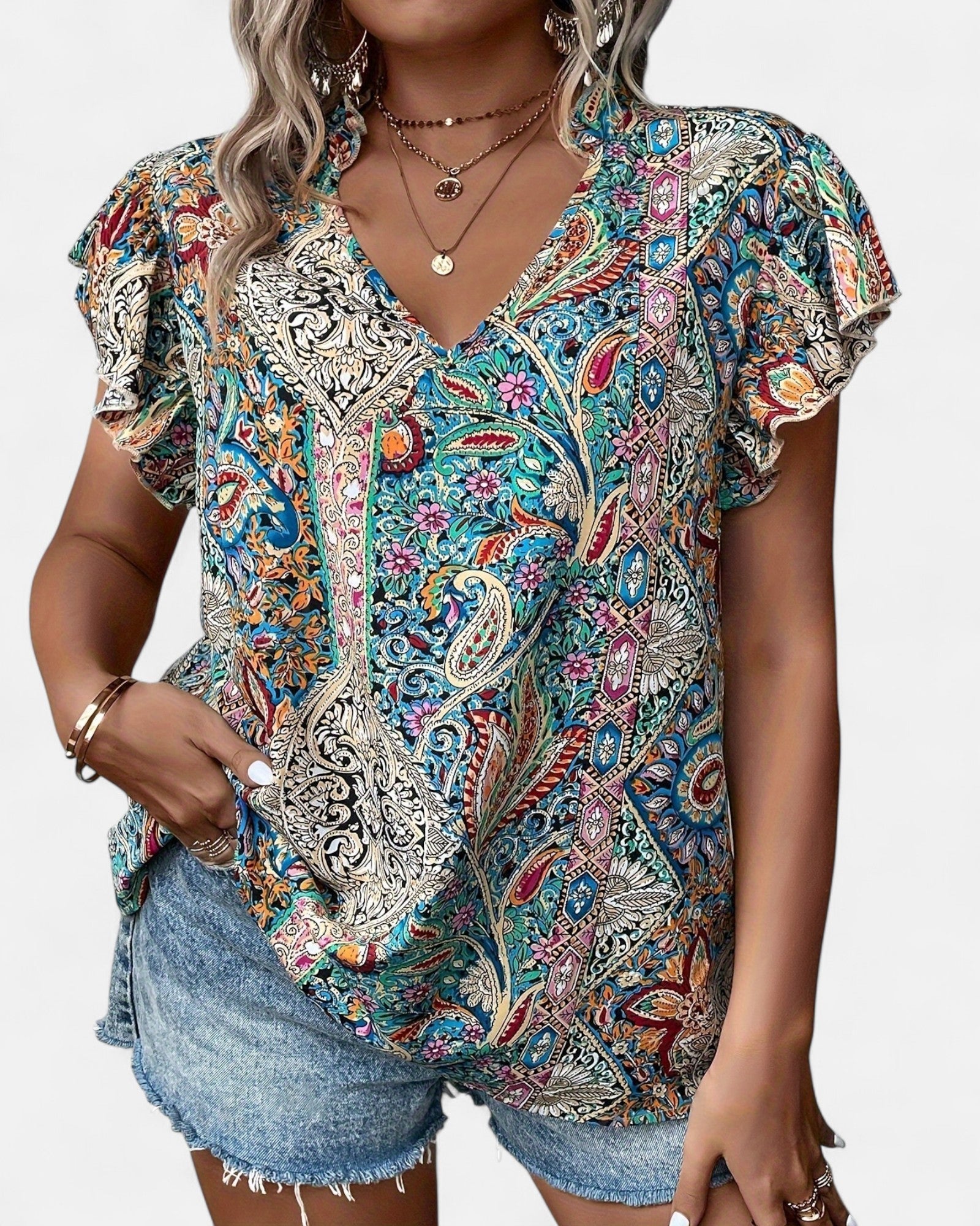 Delilah – Plus Size Boho Paisley Flutter Sleeve Blouse - Blouse - Boho Style