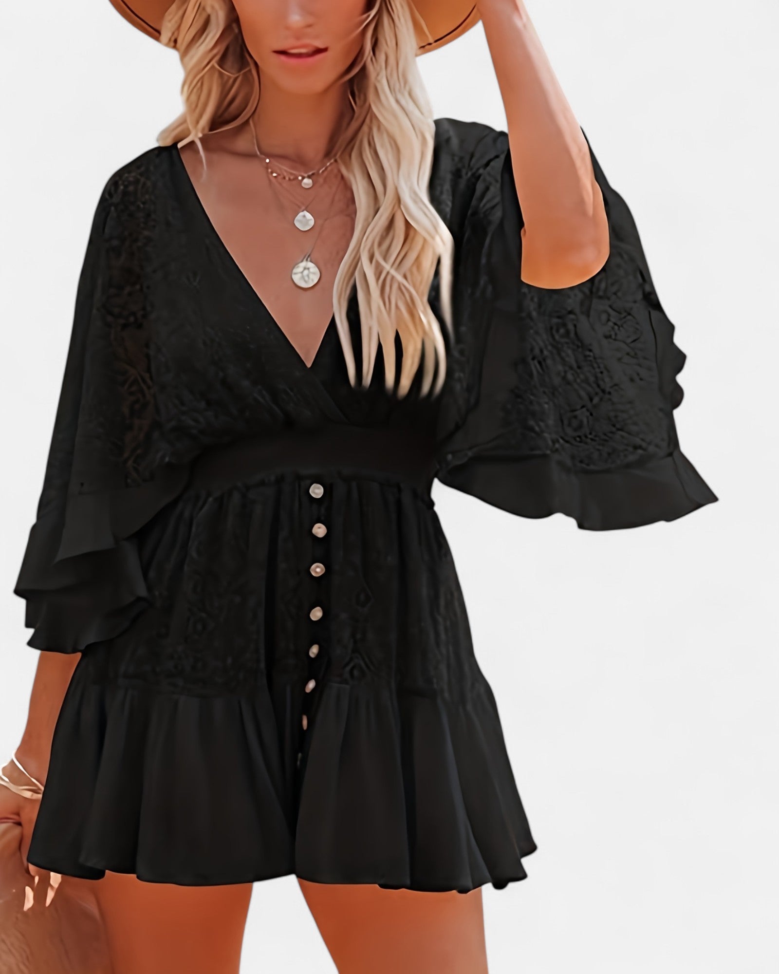 Eden – Chic V - Neck Boho Mini Dress - Boho Style - Black - S - 