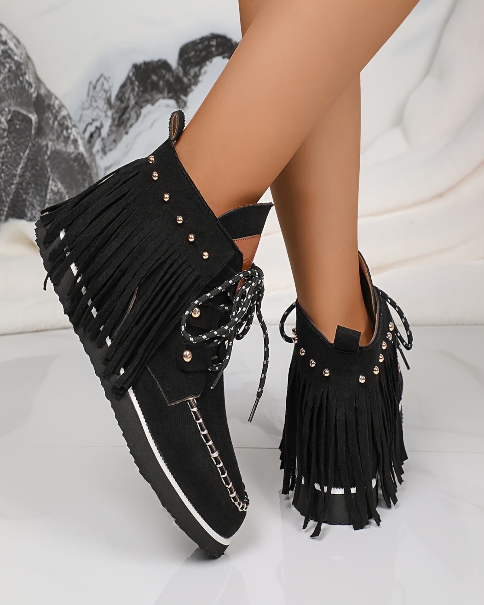 Eirlys – Boho Velvet Lace - Up Booties with Tassel Trim - Boots - Boho Style