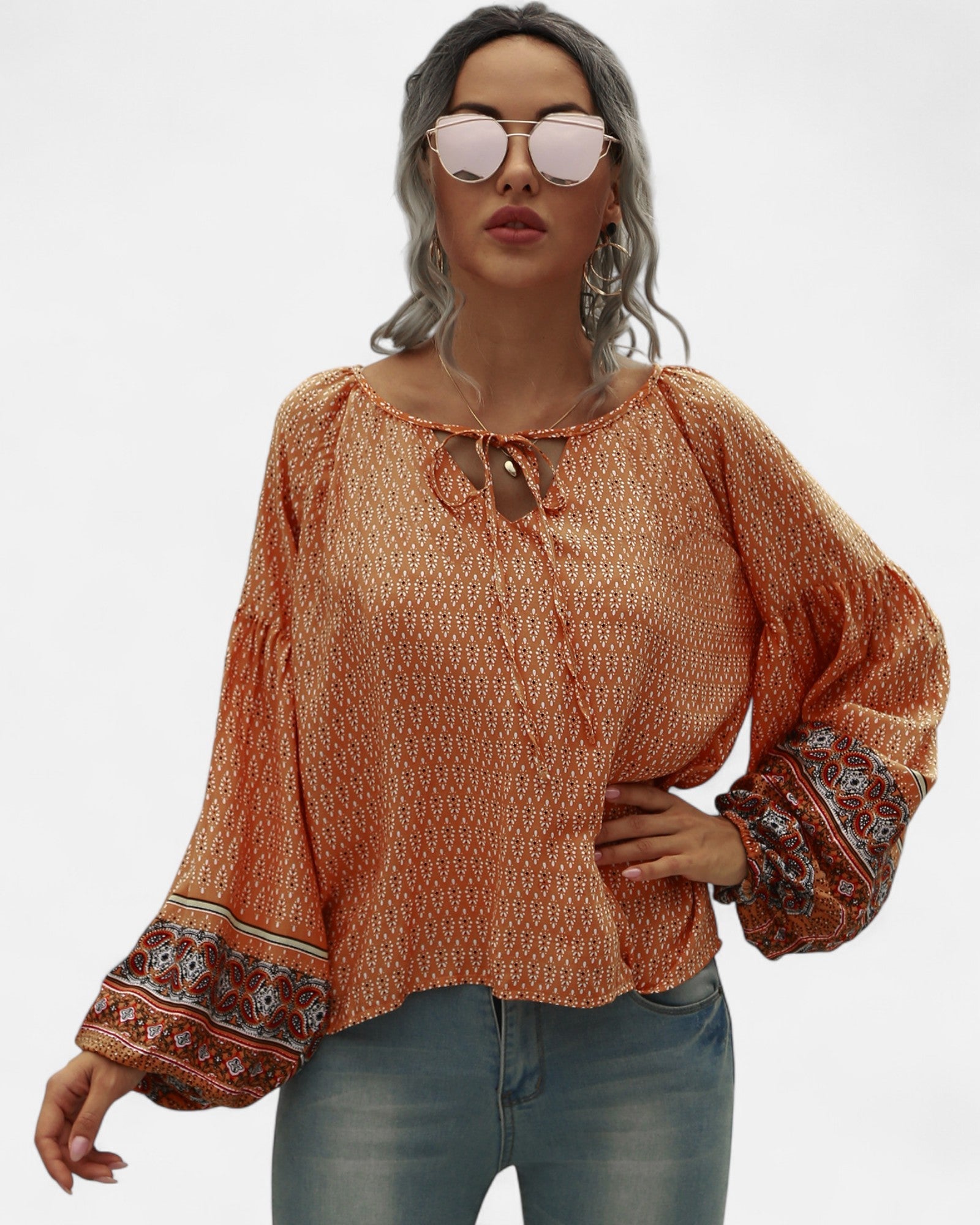 Elena – Vintage Print Boho Tie Blouse - Blouse - Boho Style