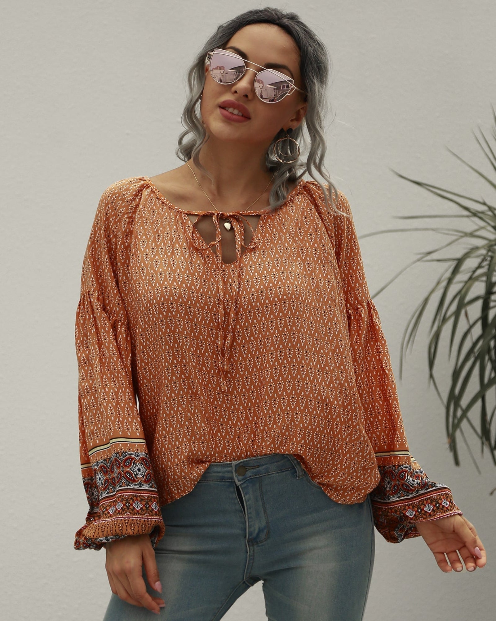 Elena – Vintage Print Boho Tie Blouse - Blouse - Boho Style