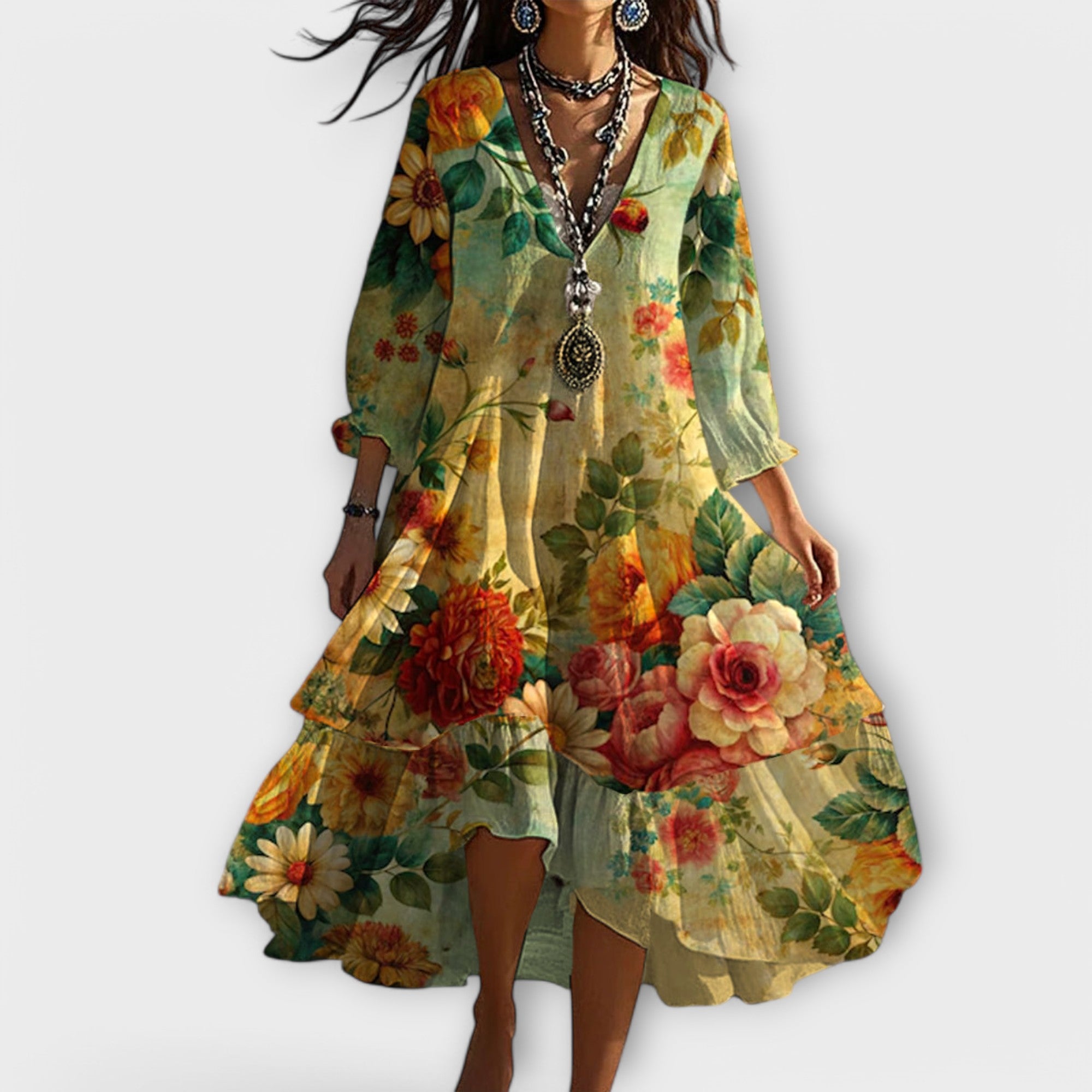Ella – Boho Cotton V - Neck Midi Dress - Boho Style - S - 