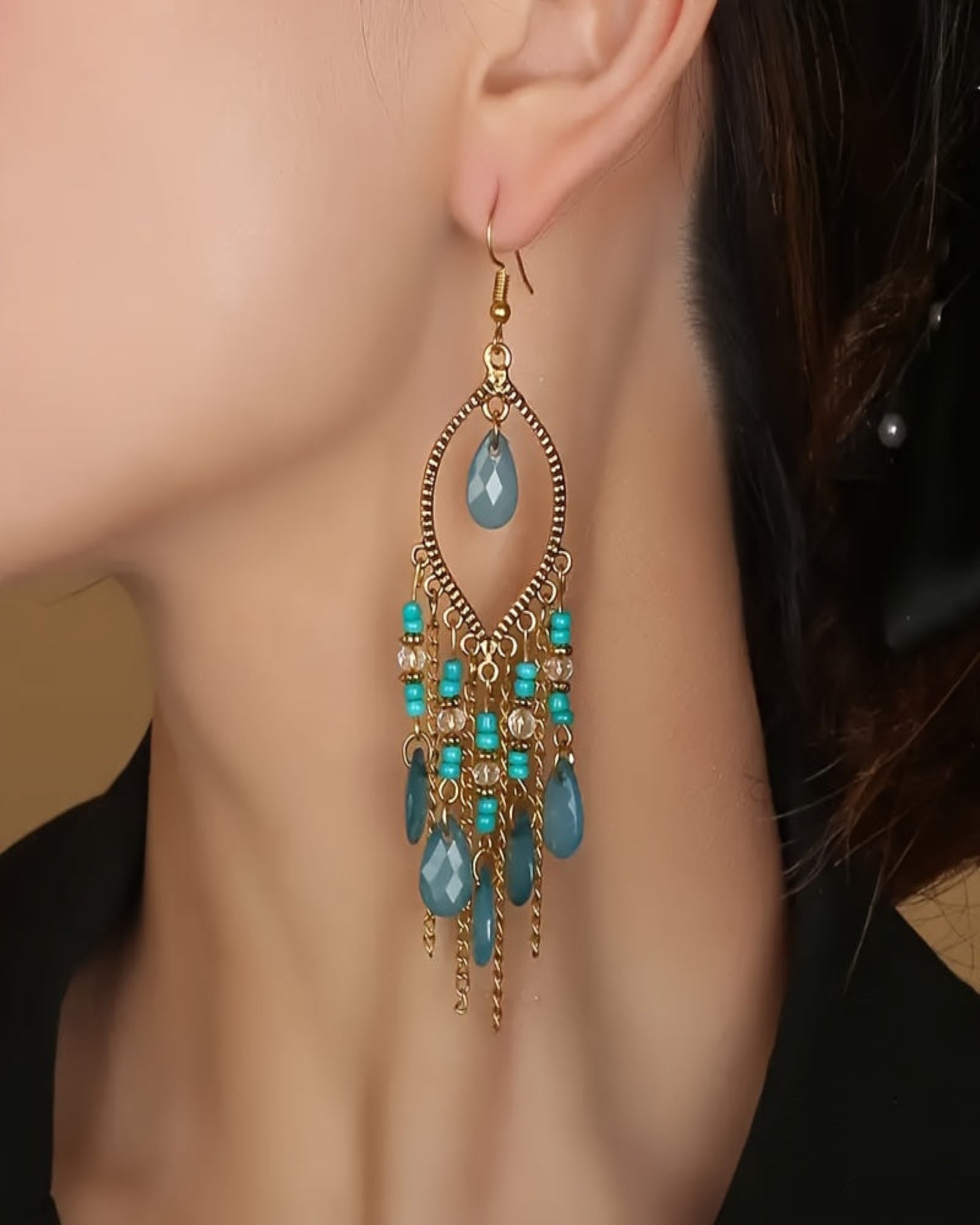 Ella – Boho Hollow Leaf Rhinestone Tassel Earrings - Earrings - Boho Style
