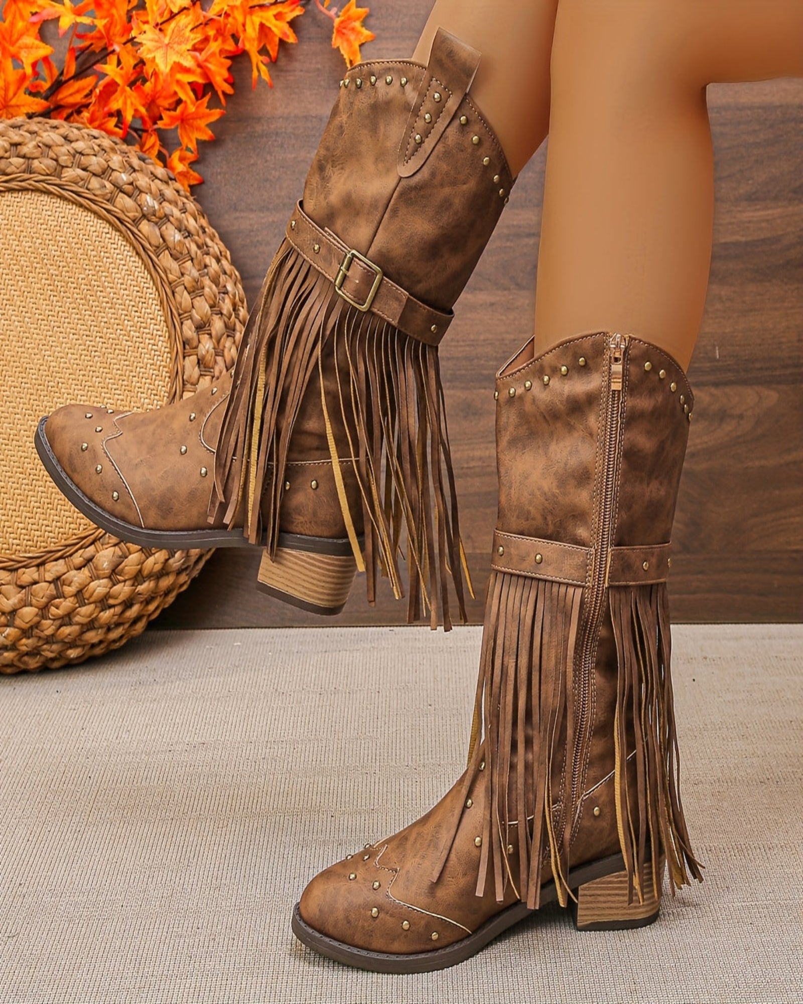 Ella – Boho Tassel Chunky Heel Cowboy Boots with Zipper - Boots - Boho Style