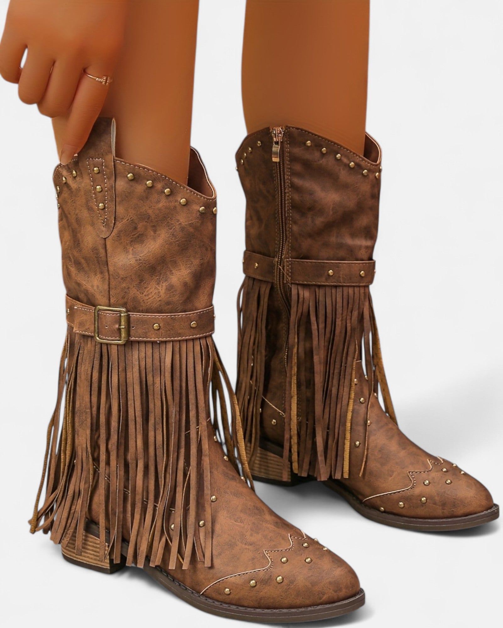 Ella – Boho Tassel Chunky Heel Cowboy Boots with Zipper - Boots - Boho Style
