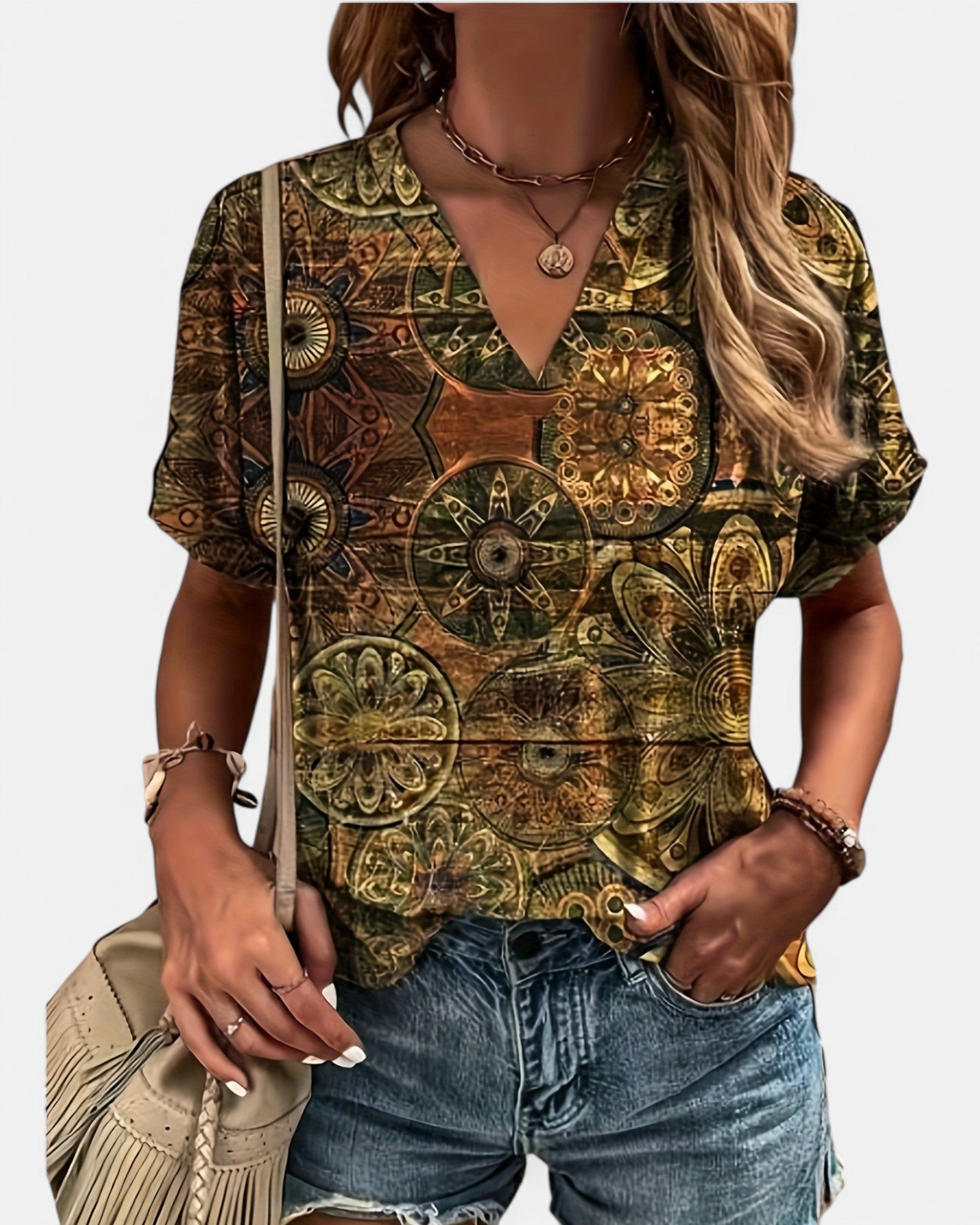 Emily – Boho V - Neck T-Shirt with Ethnic Print - Blouse - Boho Style