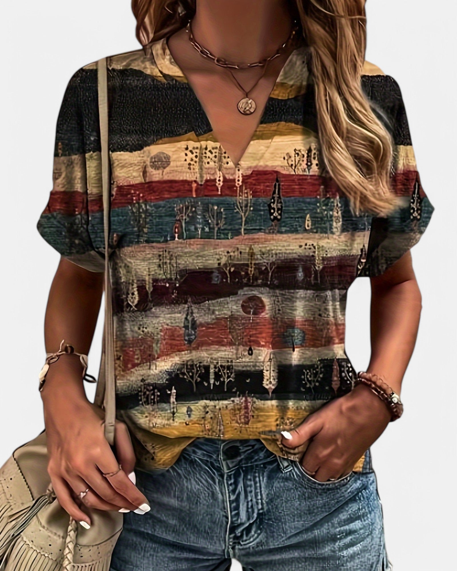 Emily – Boho V - Neck T-Shirt with Ethnic Print - Blouse - Boho Style