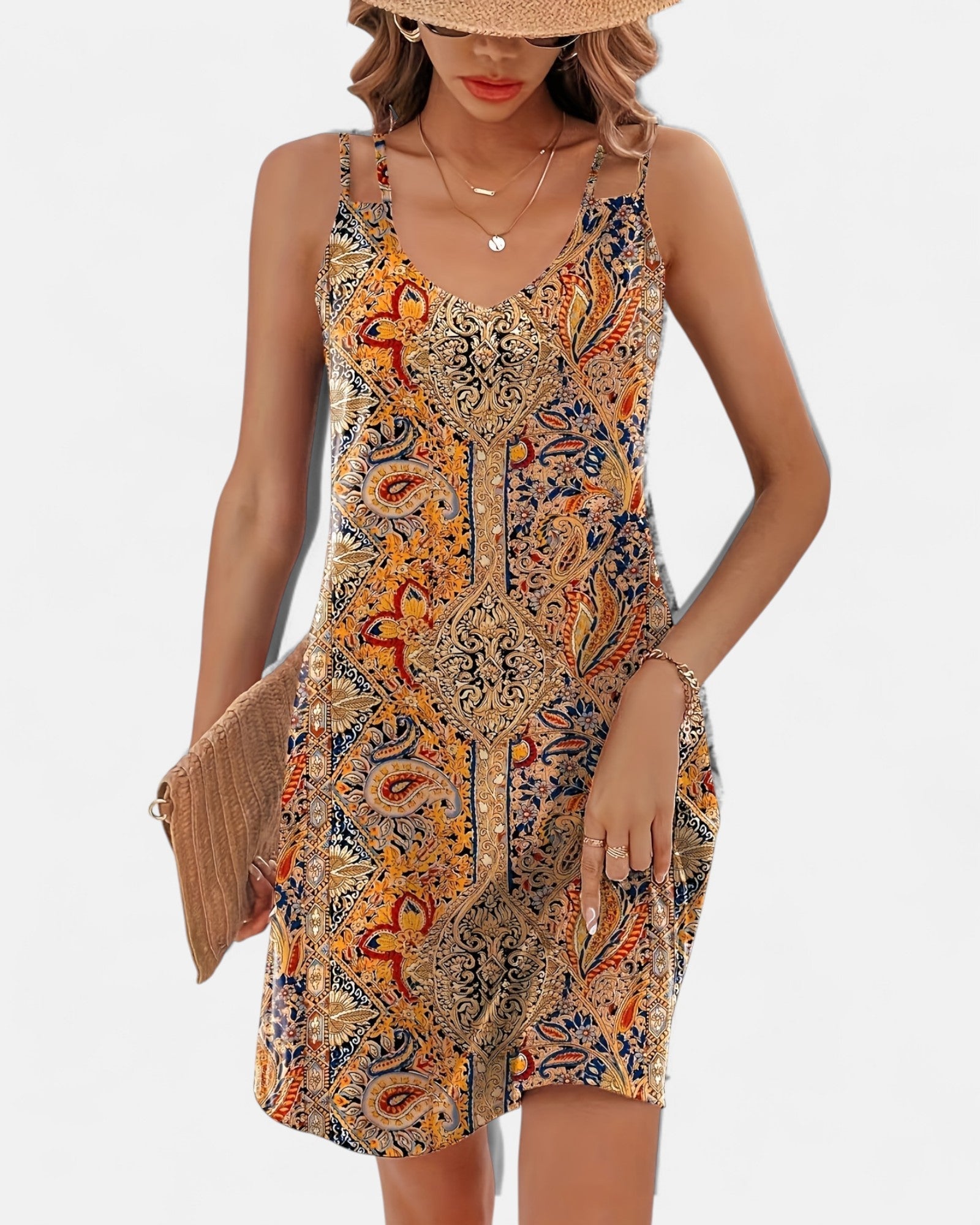 Emily – Lightweight Floral Bohemian V - Neck Dress - Boho Style - Brown - S - 