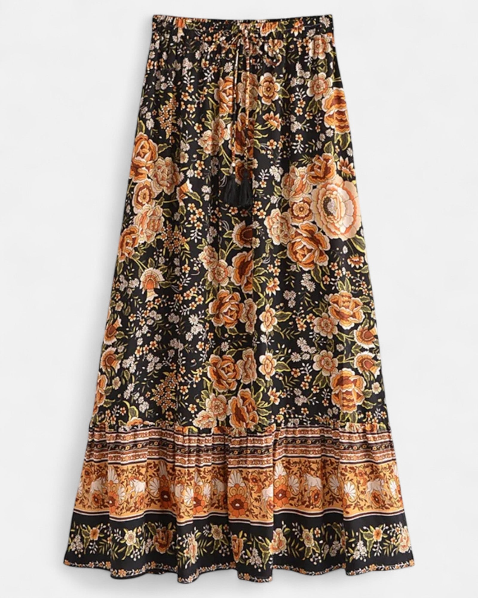 Emma – Bohemian High - Waisted Black Floral Maxi Skirt - Skirt - Boho Style