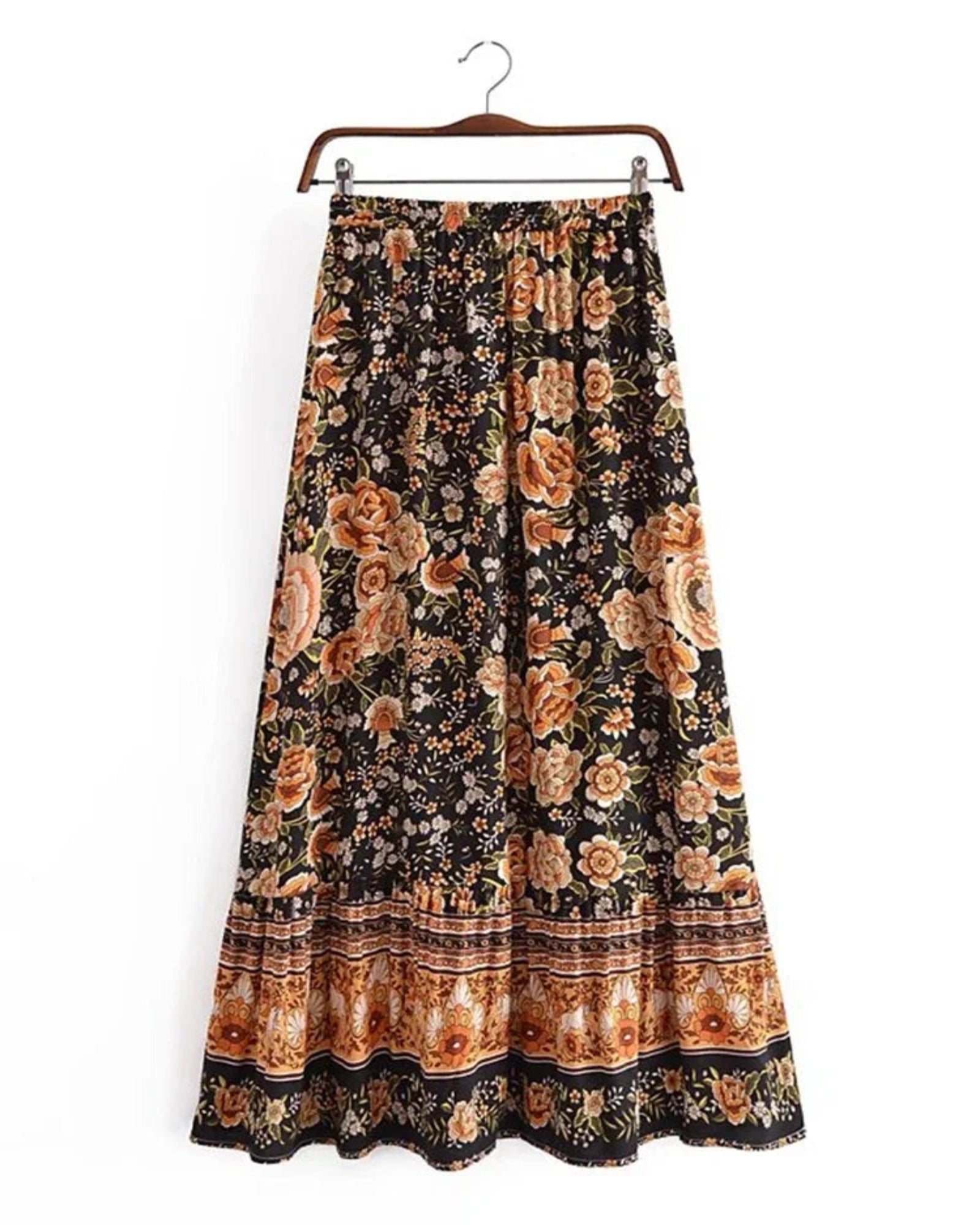 Emma – Bohemian High - Waisted Black Floral Maxi Skirt - Skirt - Boho Style