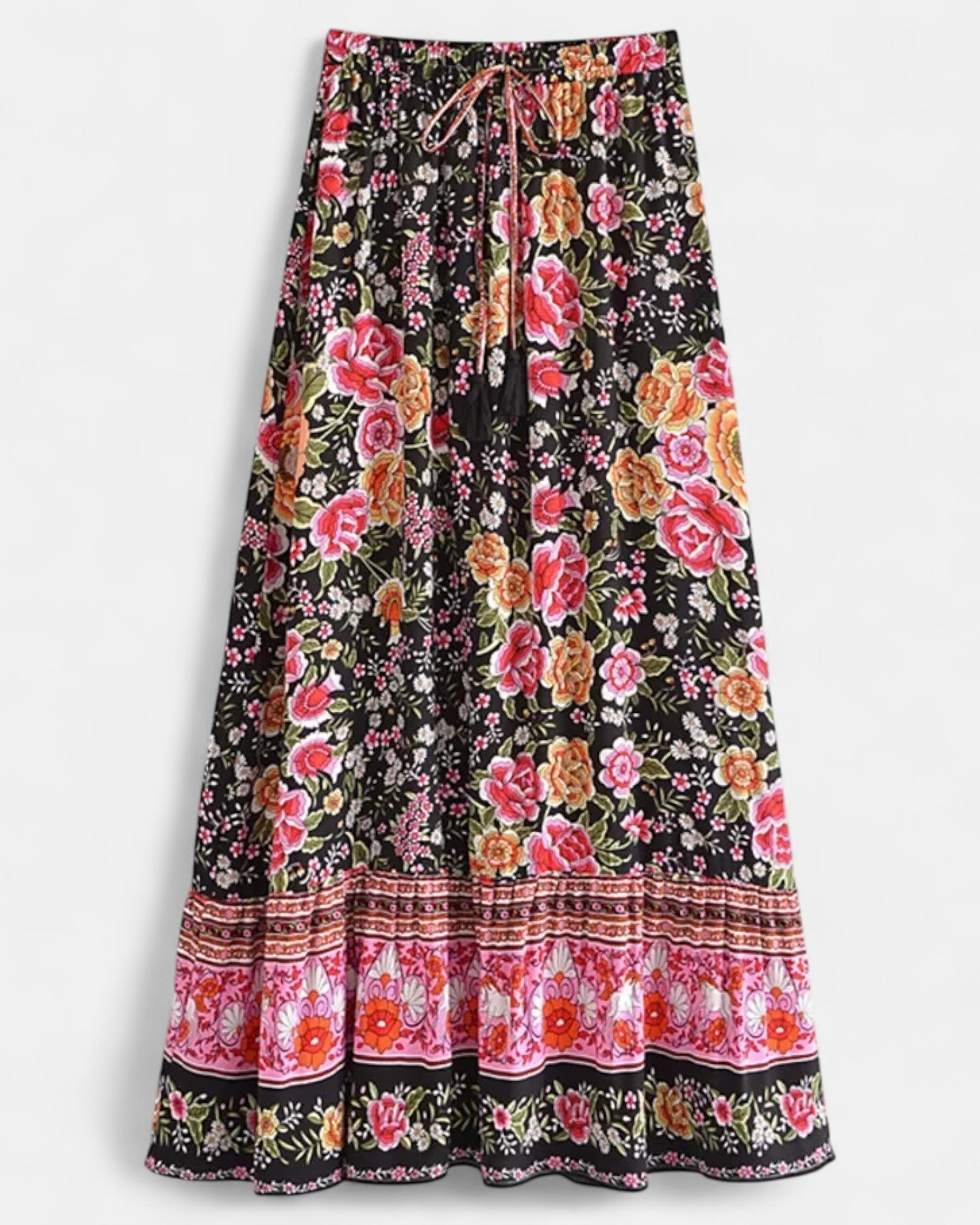 Emma – Bohemian High - Waisted Black Floral Maxi Skirt - Skirt - Boho Style