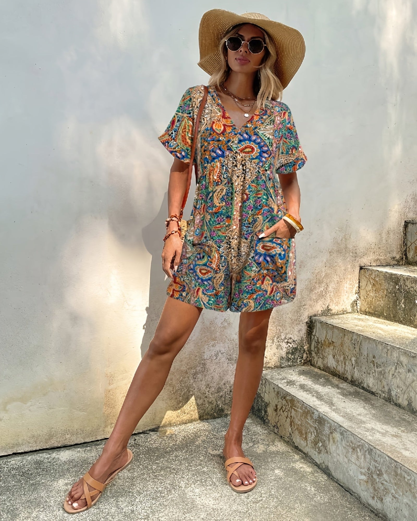 Evania – Boho V - Neck Floral Jumpsuit with Pockets - Jumpsuit - Boho Style