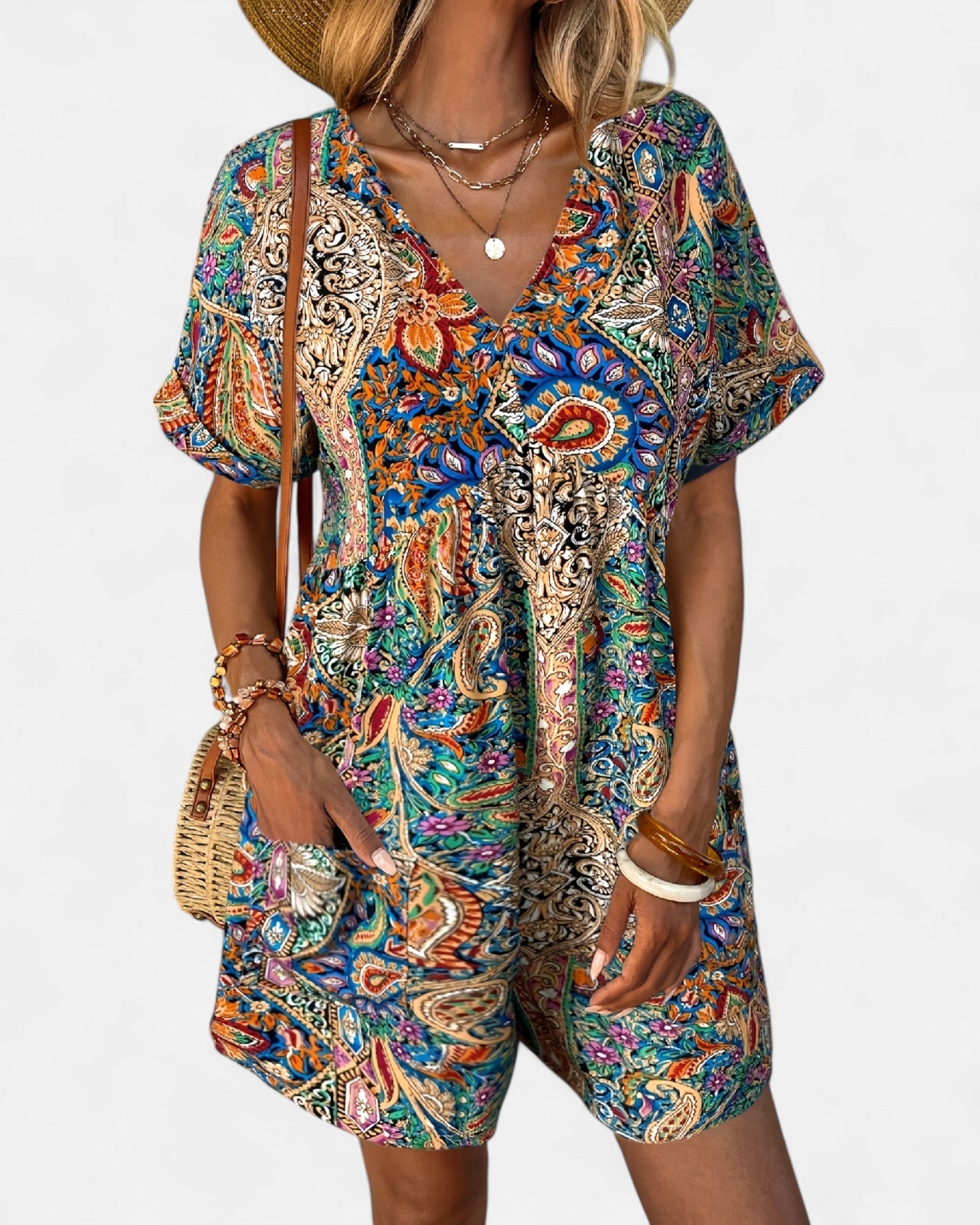 Evania – Boho V - Neck Floral Jumpsuit with Pockets - Jumpsuit - Boho Style