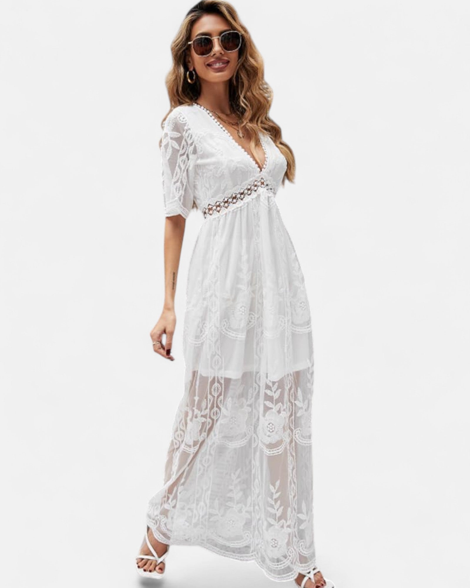 Everly – Boho Chic Deep V - Neck Floral Lace Maxi Dress - Dress - Boho Style