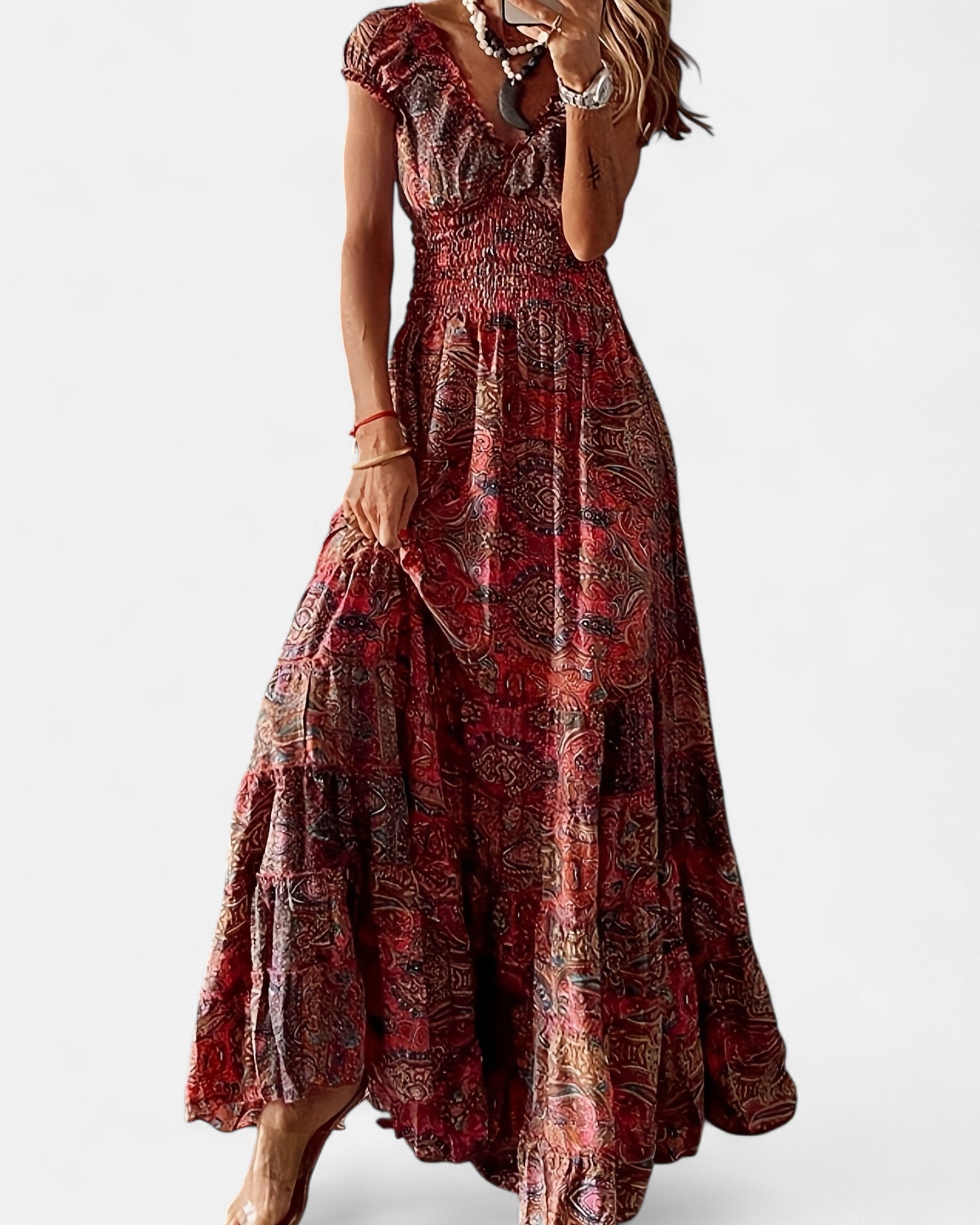 Evra – Flowing Paisley V - Neck Maxi Dress with Ruched Trim - Dress - Boho Style