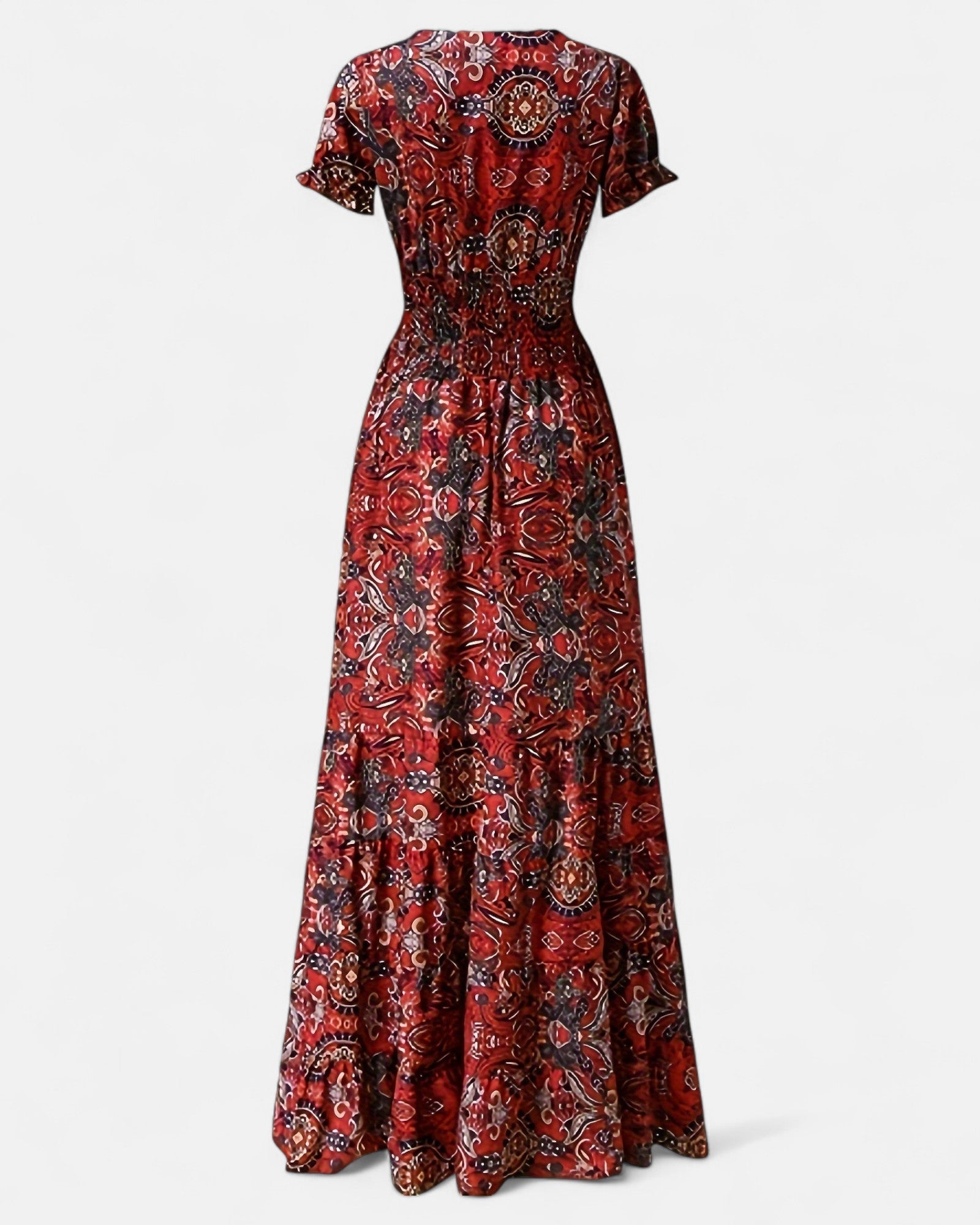 Evra – Flowing Paisley V - Neck Maxi Dress with Ruched Trim - Dress - Boho Style