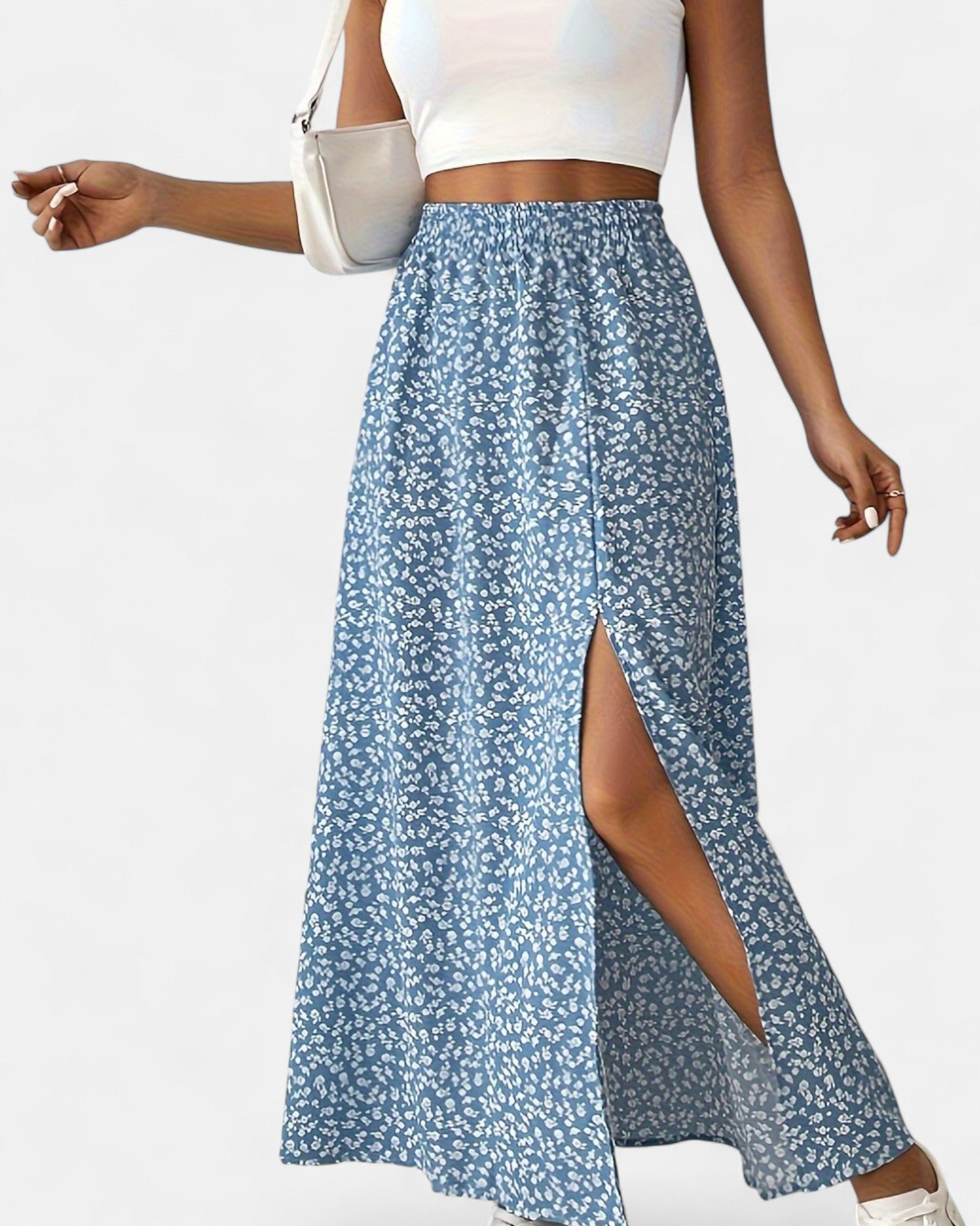 Evra – High - Waisted Green Floral Maxi Skirt with Slit - Skirt - Boho Style