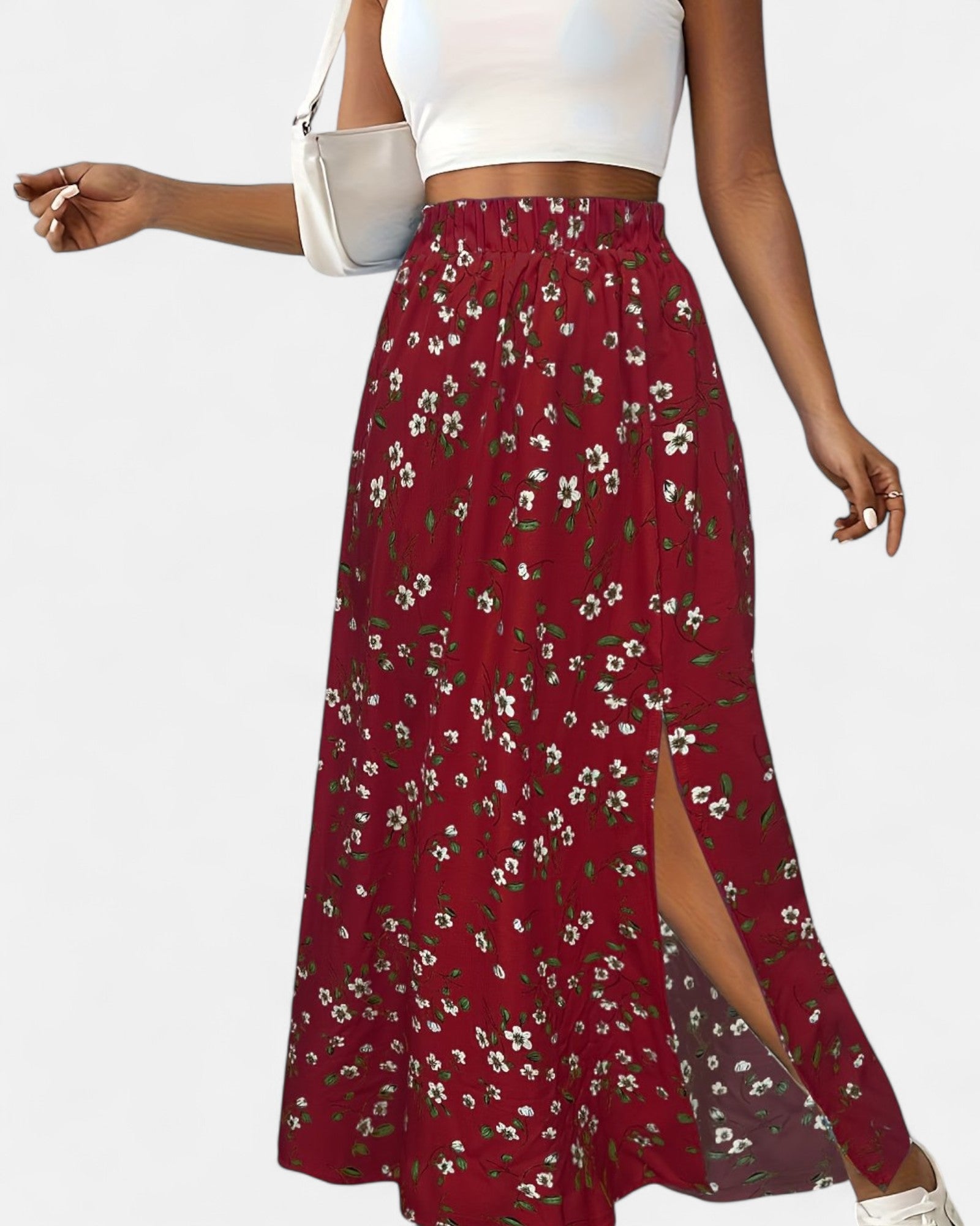 Evra – High - Waisted Green Floral Maxi Skirt with Slit - Skirt - Boho Style