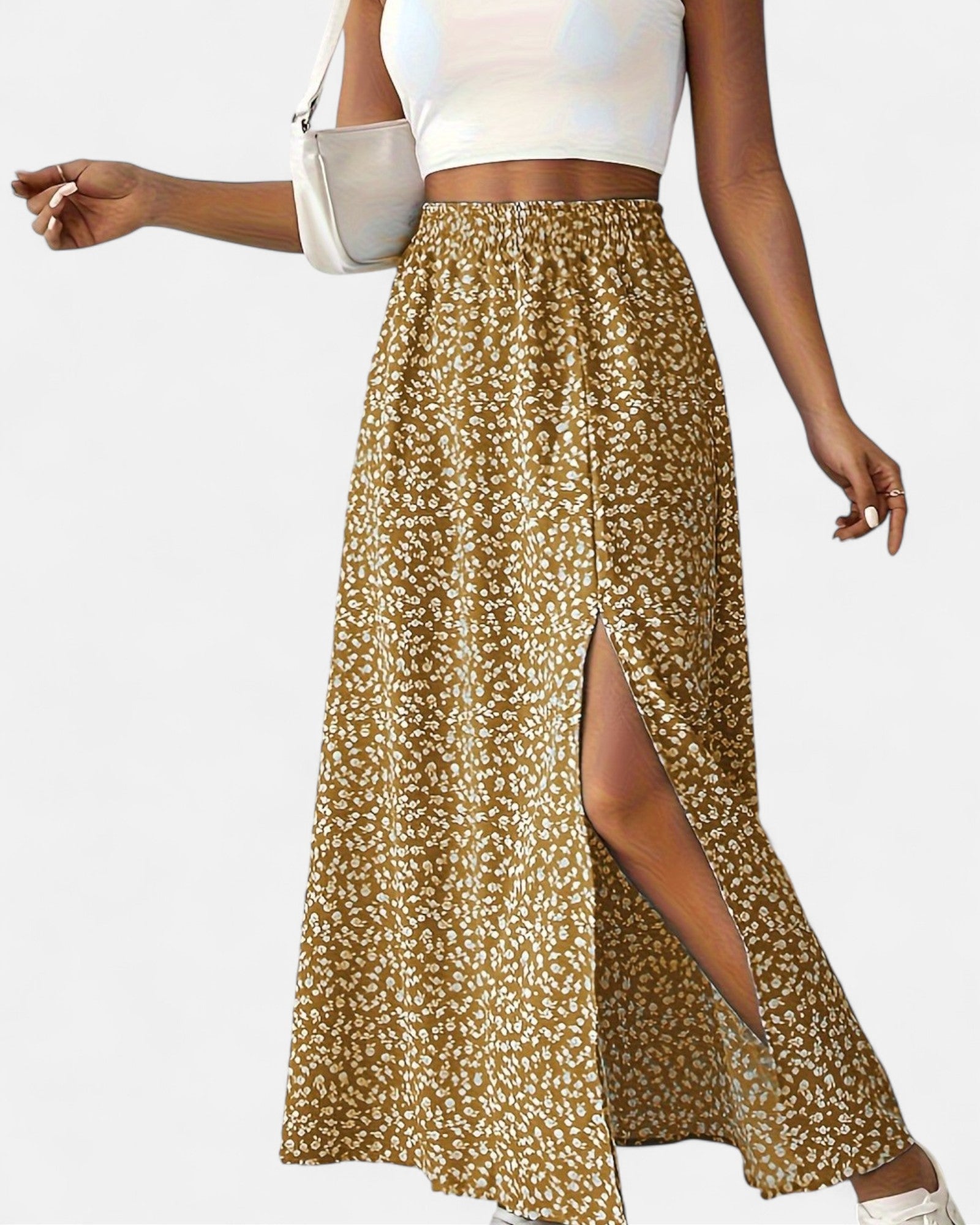 Evra – High - Waisted Green Floral Maxi Skirt with Slit - Skirt - Boho Style