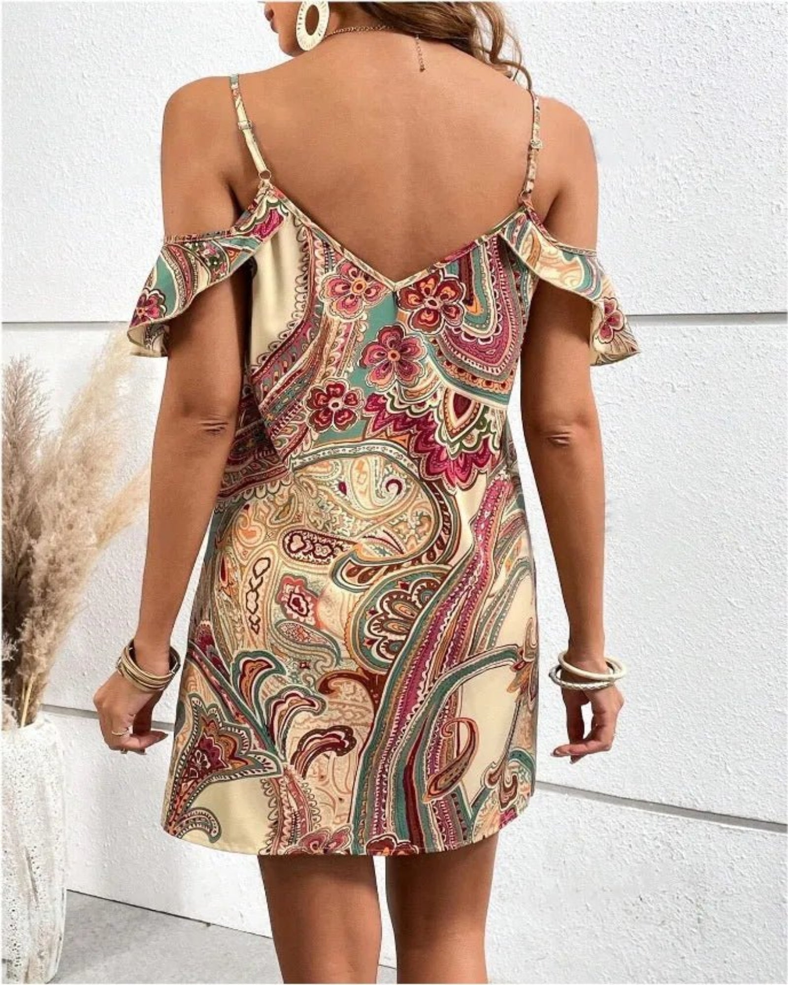 Hallie – Bohemian Floral V - Neck Spaghetti Dress - Boho Style - Beige - S - 