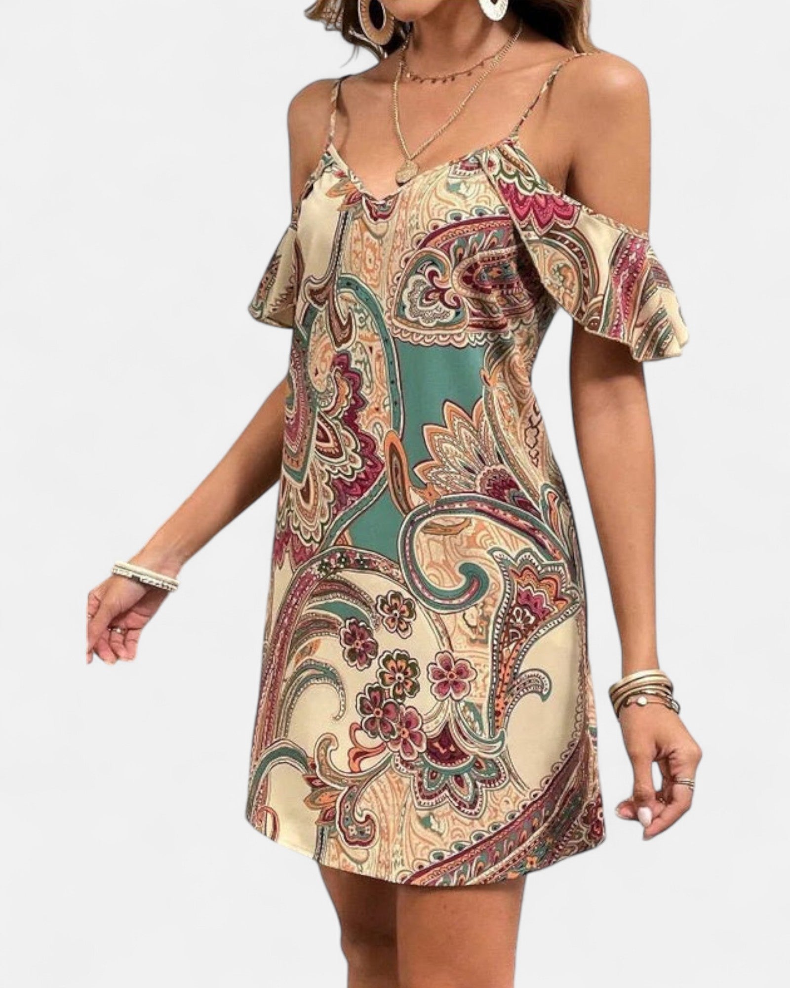 Hallie – Bohemian Floral V - Neck Spaghetti Dress - Boho Style - Beige - S - 
