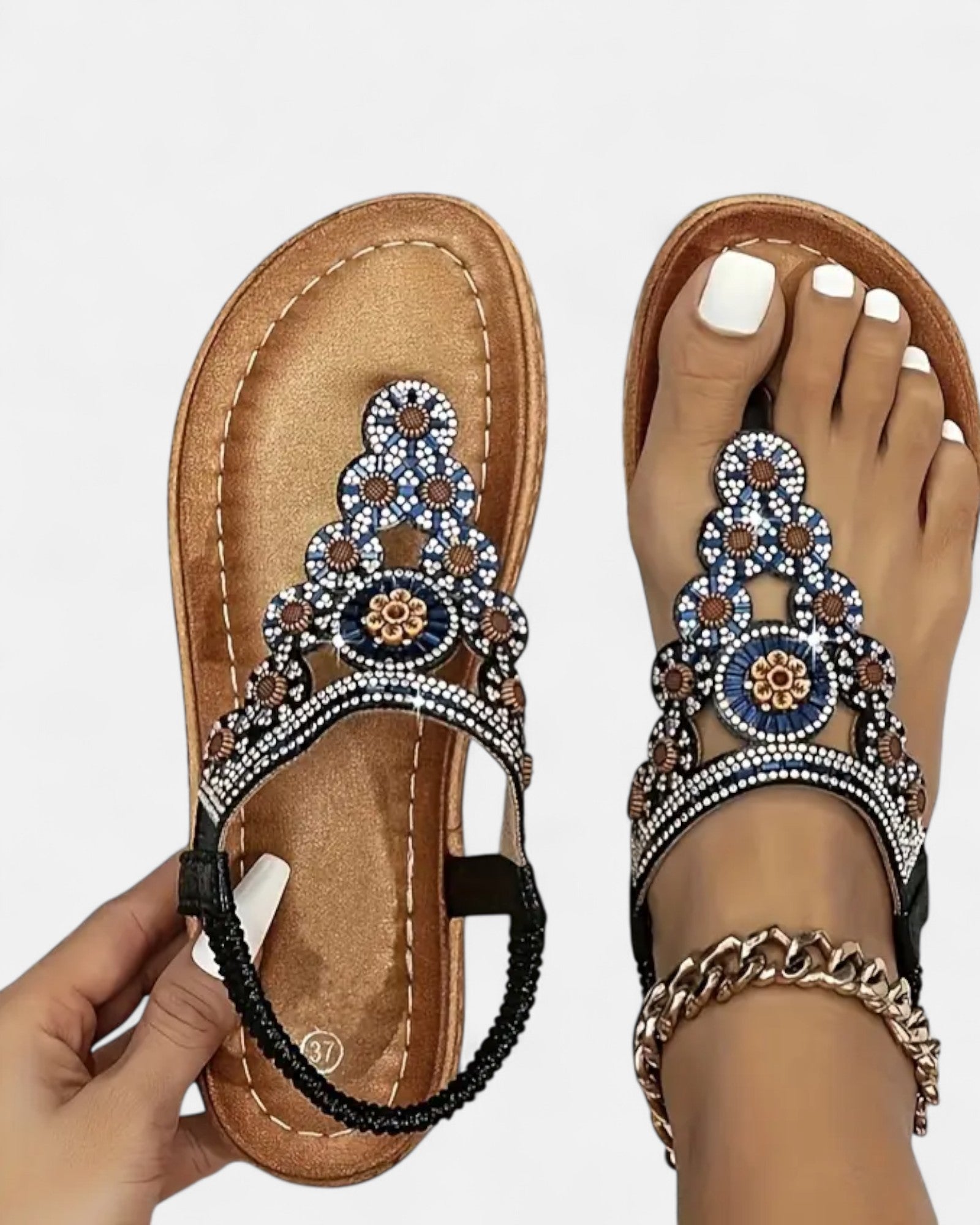 Lily – Boho Floral Flat Sandals with Elastic Straps & Toe Post - Sandals - Boho Style