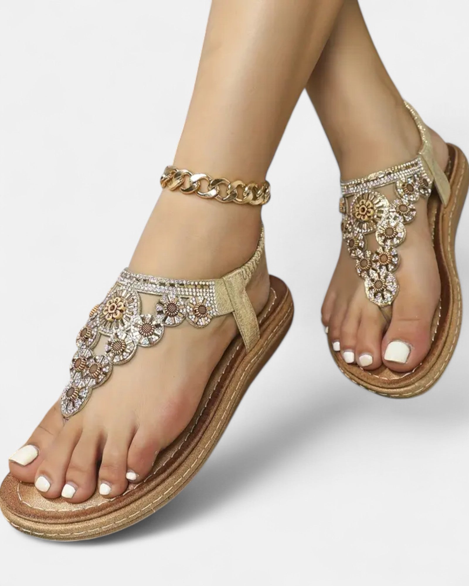 Lily – Boho Floral Flat Sandals with Elastic Straps & Toe Post - Sandals - Boho Style