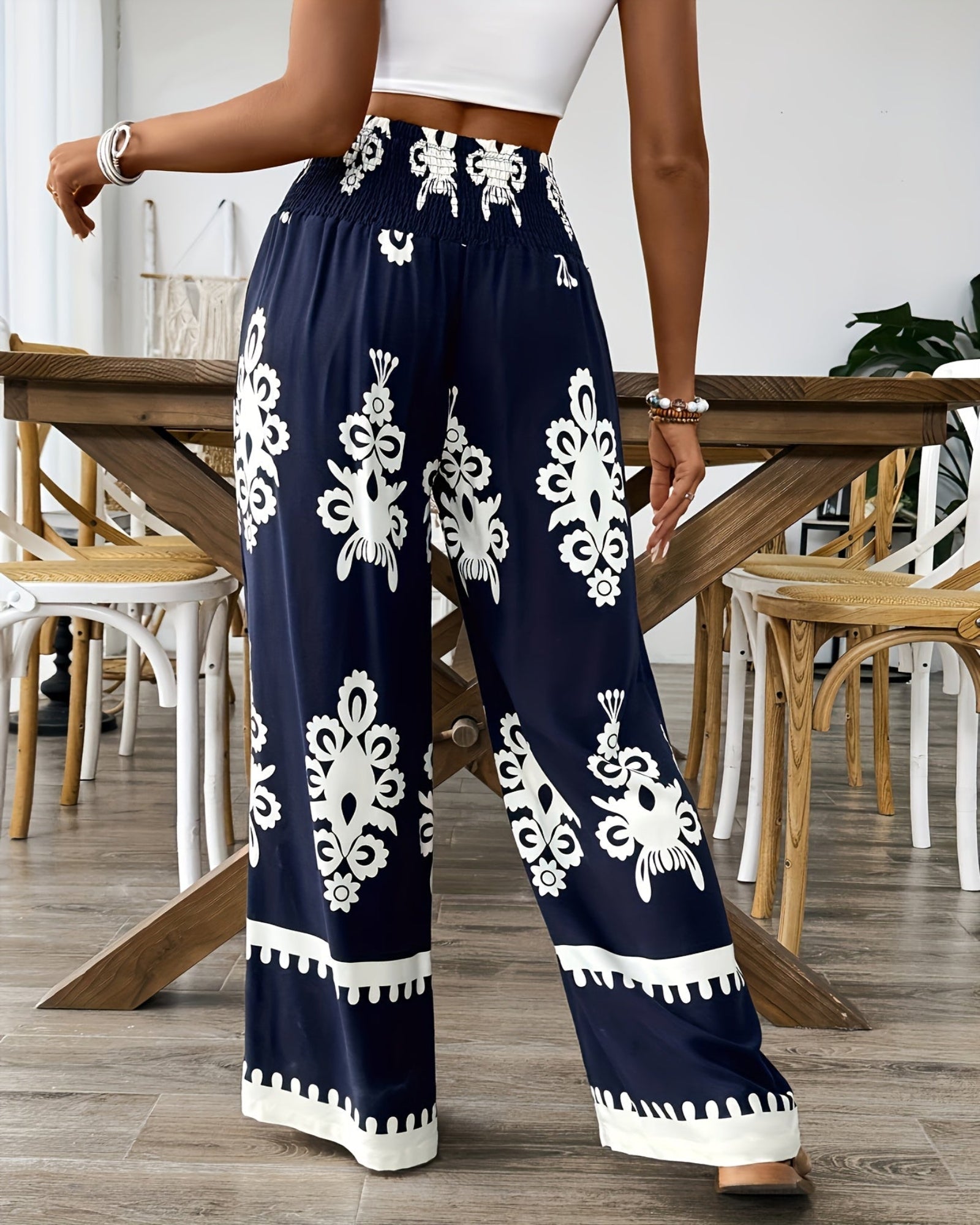 Lily – Navy Floral Boho Wide - Leg Trousers with Drawstring - Trouser - Boho Style