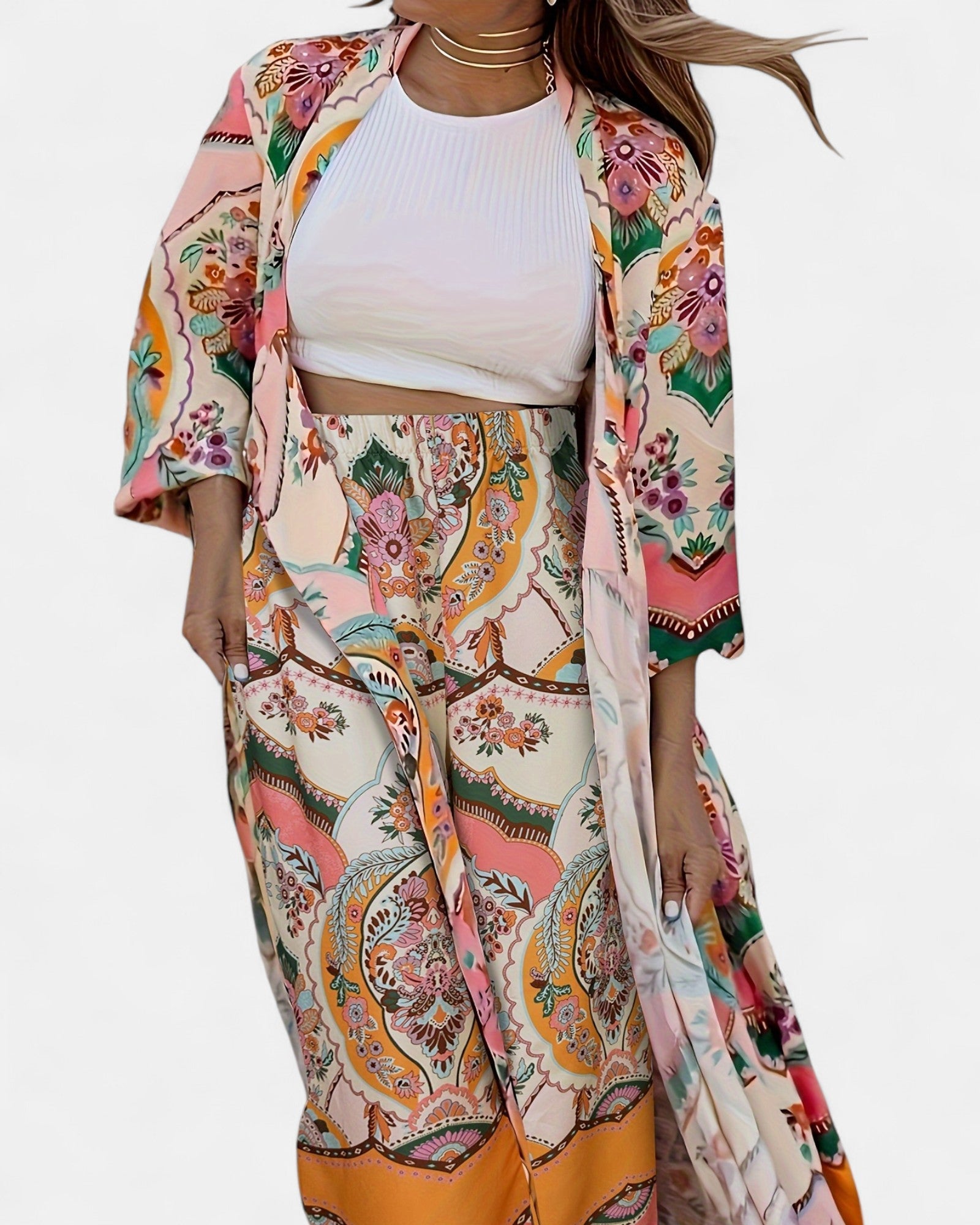 Maisie – Floral Boho Cardigan & Wide Leg Trousers Set - Outfit Sets - Boho Style
