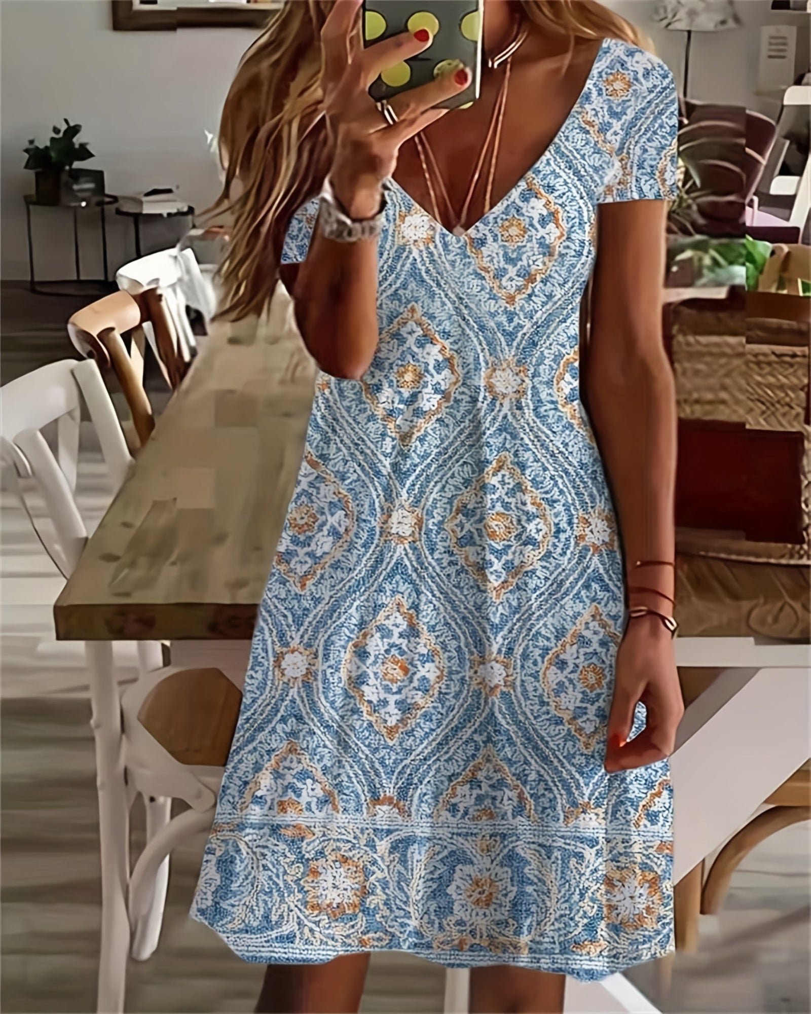 Mavis – Boho Floral A - Line Dress - Boho Style - Sky Blue - M - 