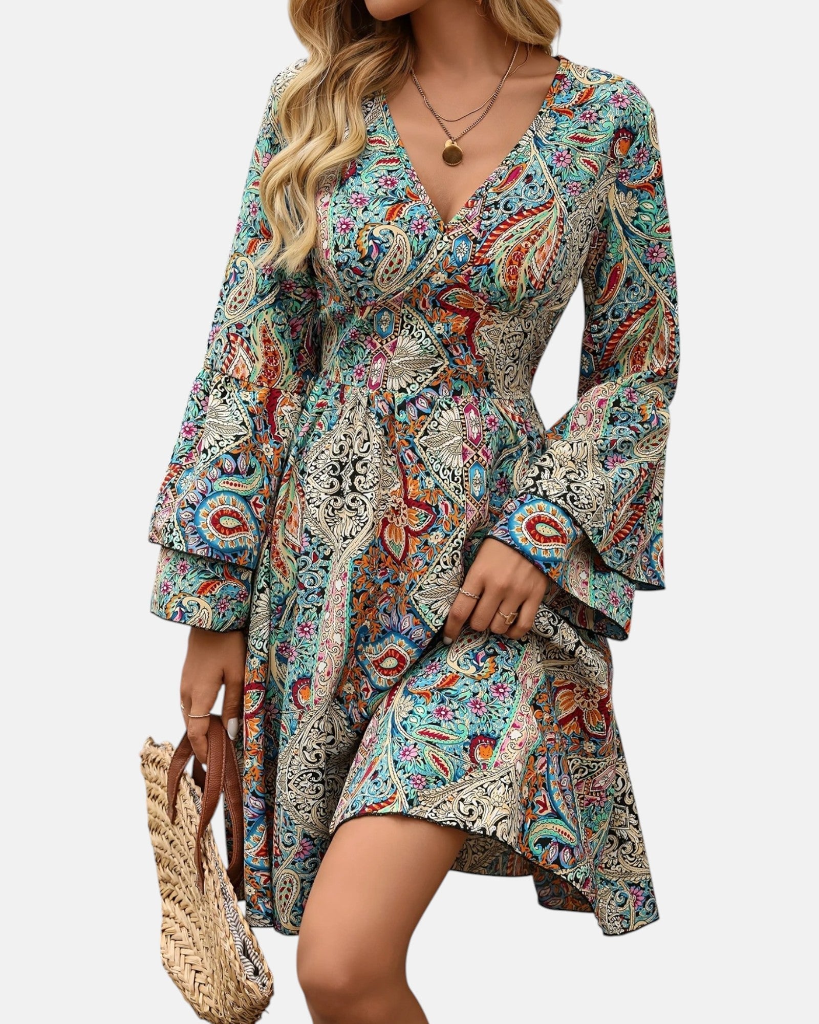 Mavis – Boho Paisley V Neck A - Line Dress - Dress - Boho Style