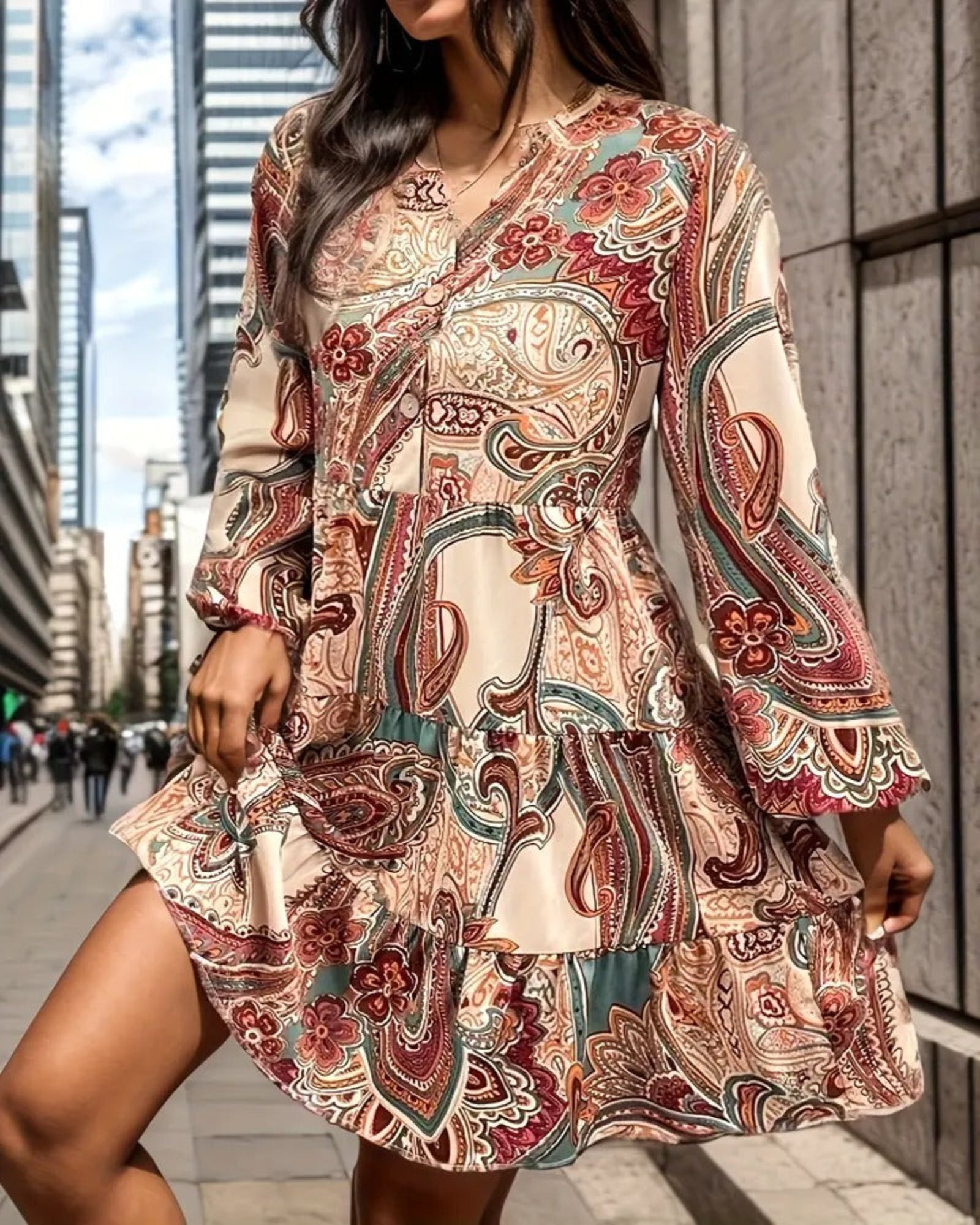 Mavis – Boho Paisley V Neck A - Line Dress - Dress - Boho Style