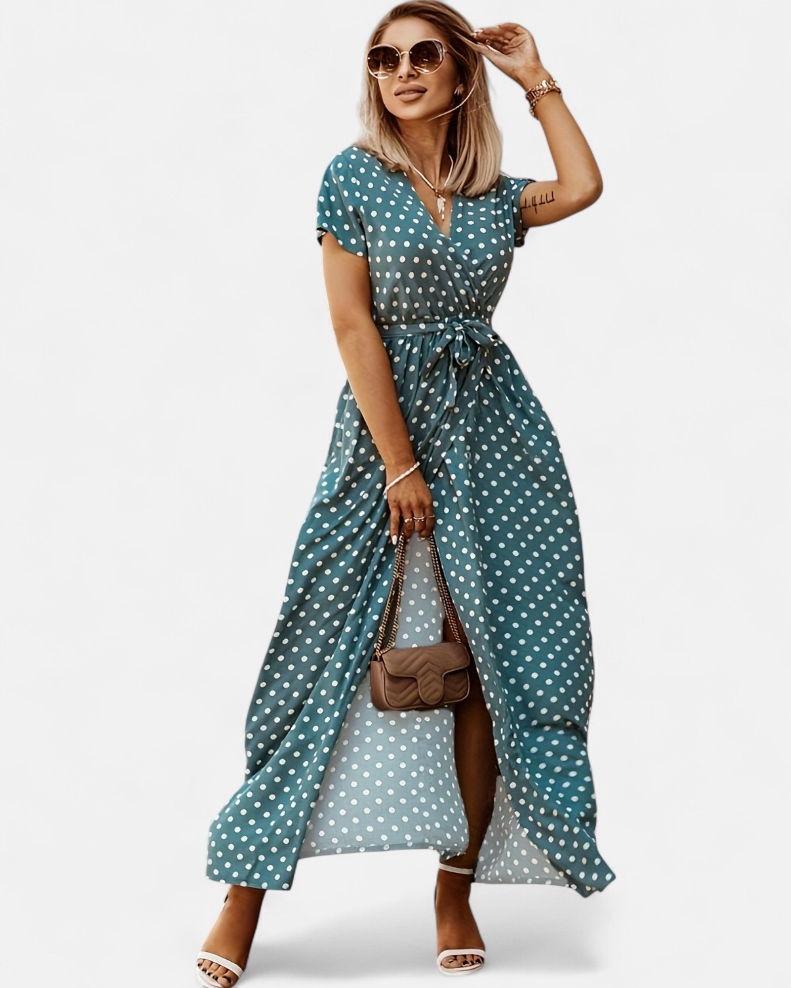 Mavis – Chic V - Neck Polka Dot Midi Dress with Side Slit - Boho Style - Peacock Blue - S - 