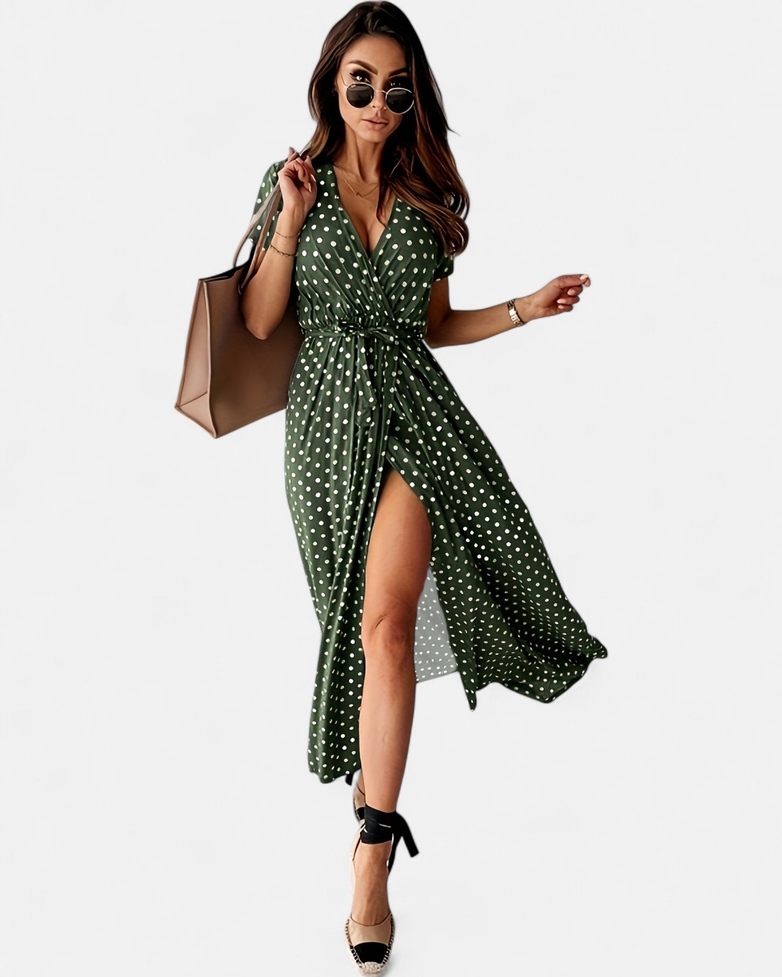 Mavis – Chic V - Neck Polka Dot Midi Dress with Side Slit - Boho Style - Green - S - 
