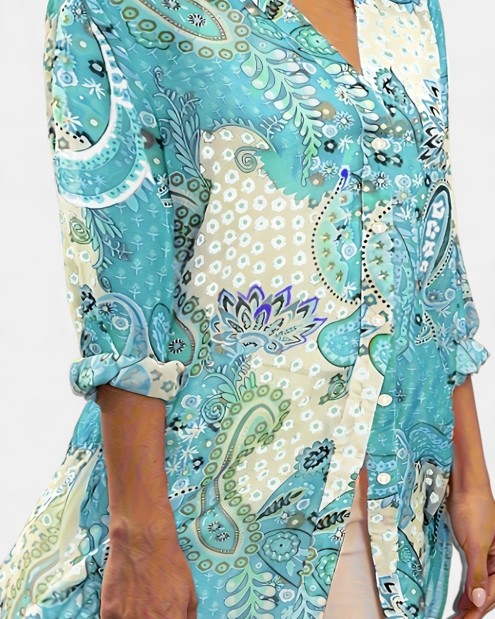 Megan – Plus - Size Boho Floral Tunic with Button Detail - Boho Style - Cyan - 0XL - 
