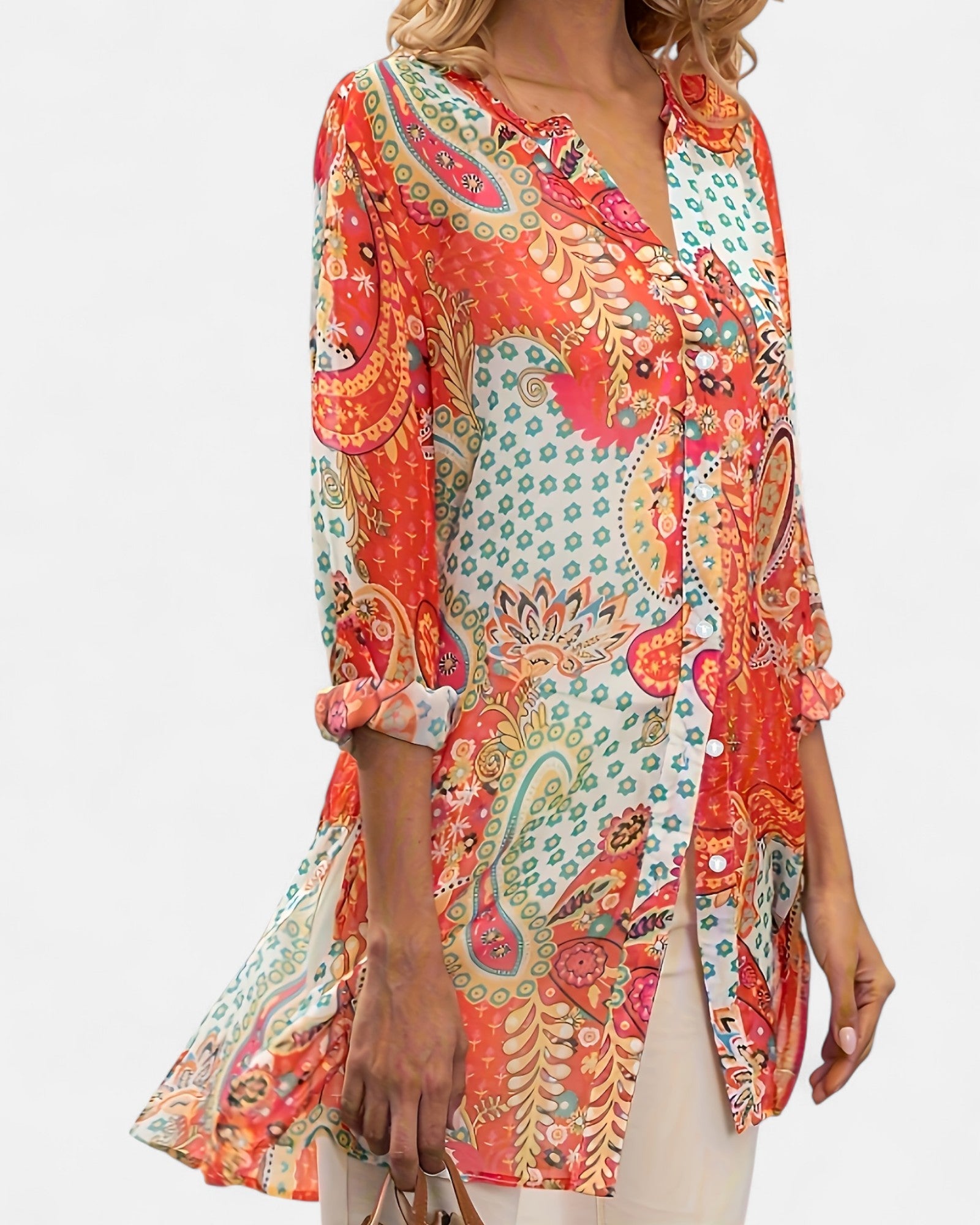 Megan – Plus - Size Boho Floral Tunic with Button Detail - Boho Style - Orange - 0XL - 