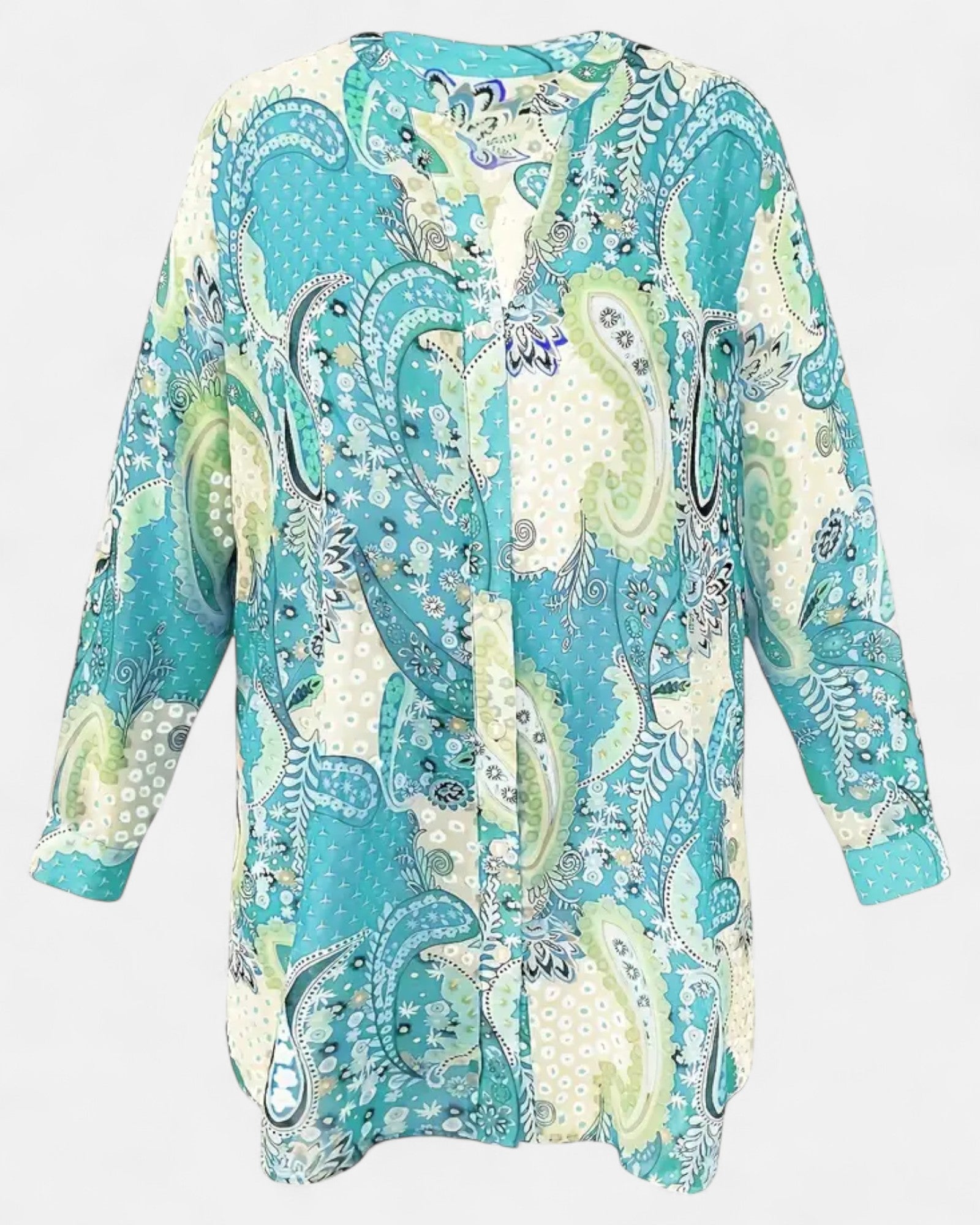 Megan – Plus - Size Boho Floral Tunic with Button Detail - Boho Style - Cyan - 0XL - 