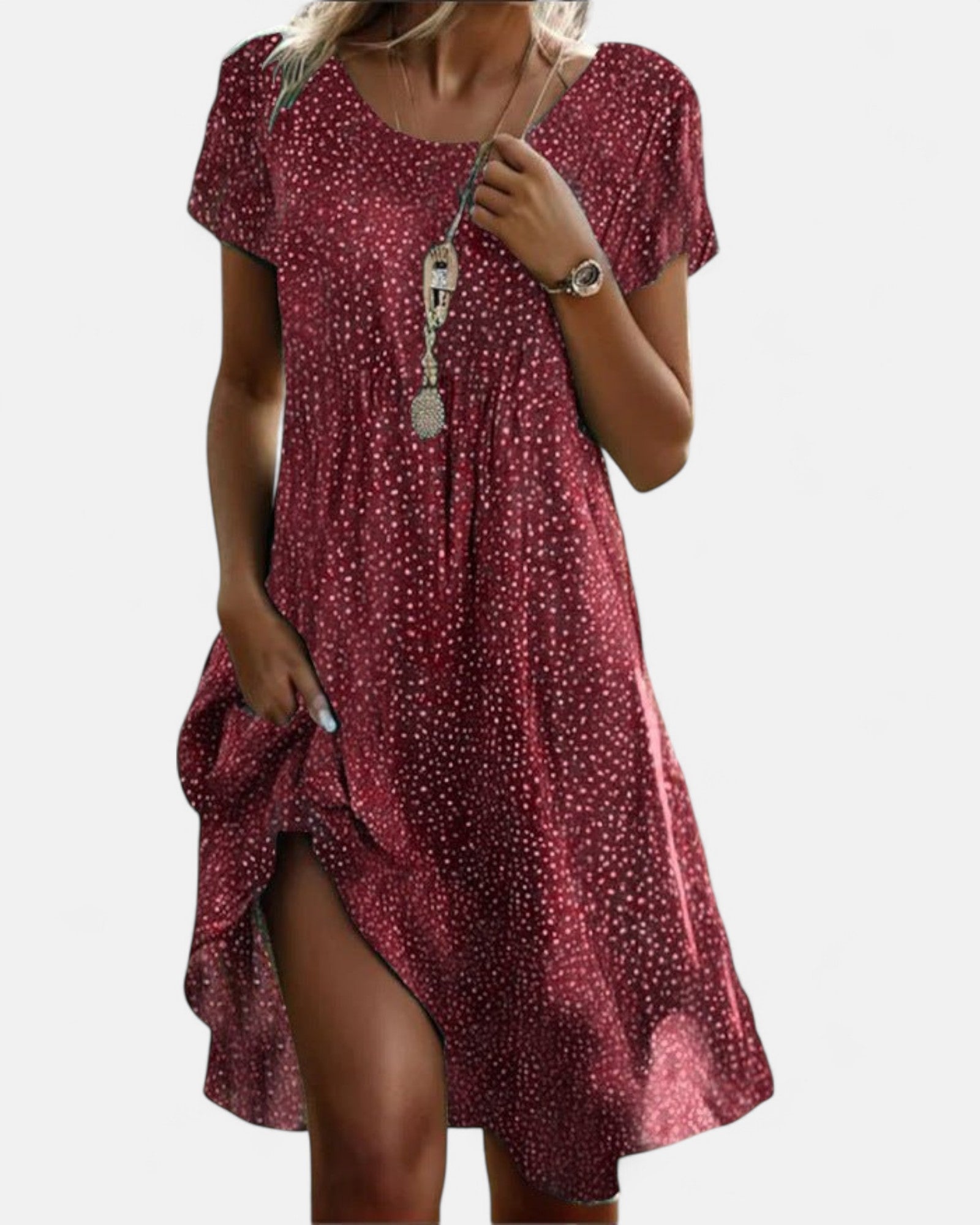 Mirae – Relaxed Vintage Boho V - Neck Dress - Boho Style - Red - S - 