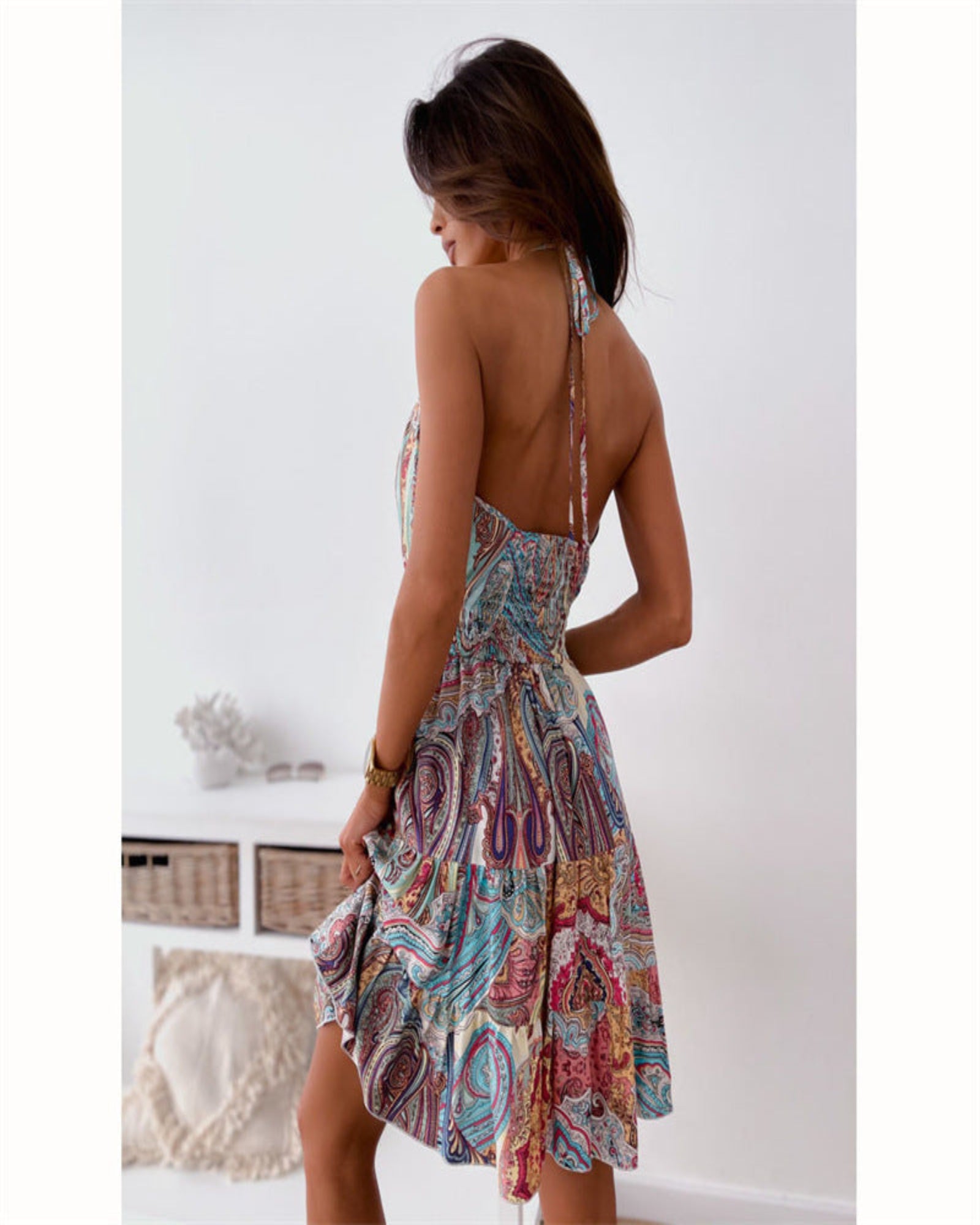 Monroe – Floral Backless Boho Dress - Boho Style - Blue - S - 