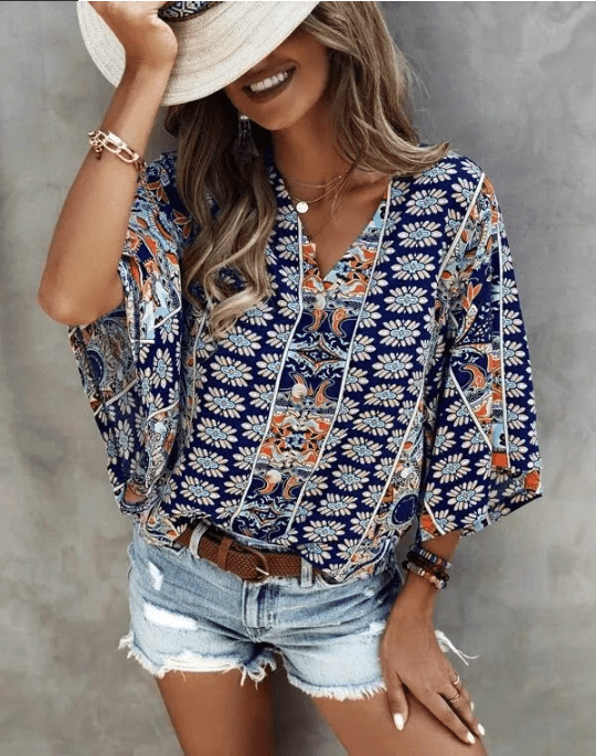 Nesta – Boho Plus Size V - Neck Blouse - Blouse - Boho Style