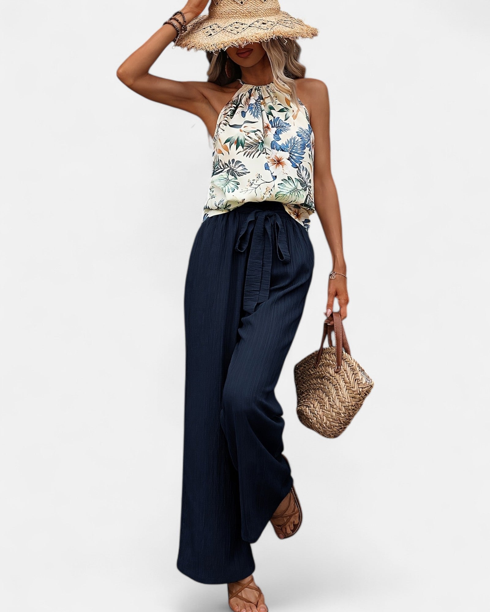 Novella – Boho Floral Print Sleeveless Top & Trousers Set - Outfit Sets - Boho Style