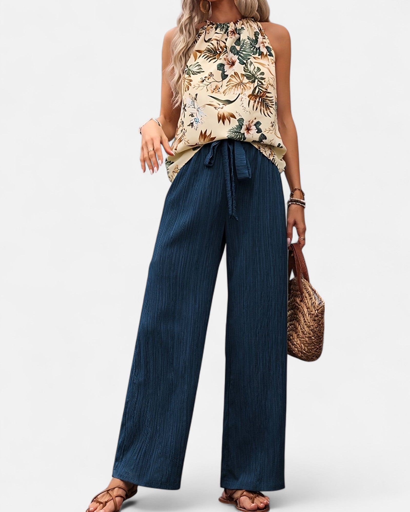 Novella – Boho Floral Print Sleeveless Top & Trousers Set - Outfit Sets - Boho Style