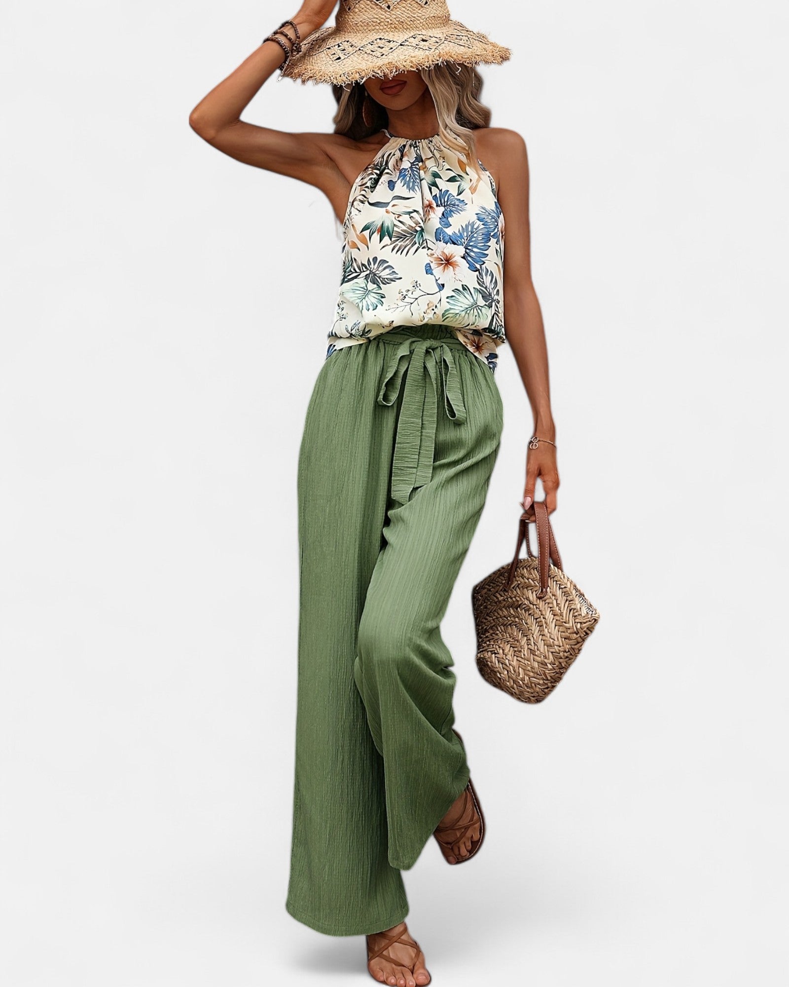 Novella – Boho Floral Print Sleeveless Top & Trousers Set - Outfit Sets - Boho Style