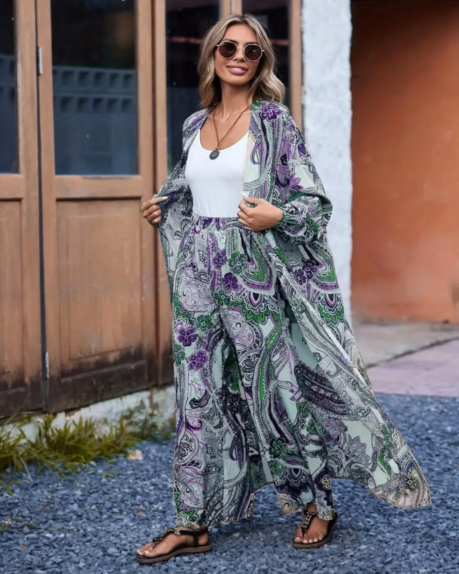Odalyn – Boho Paisley Cardigan & Wide - Leg Trousers Set - Outfit Sets - Boho Style