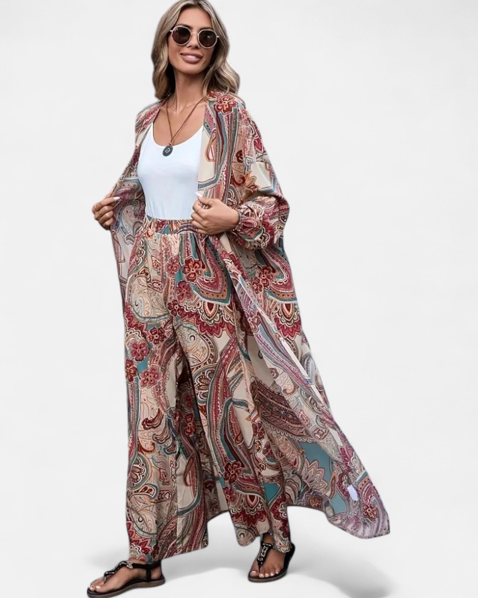 Odalyn – Boho Paisley Cardigan & Wide - Leg Trousers Set - Outfit Sets - Boho Style