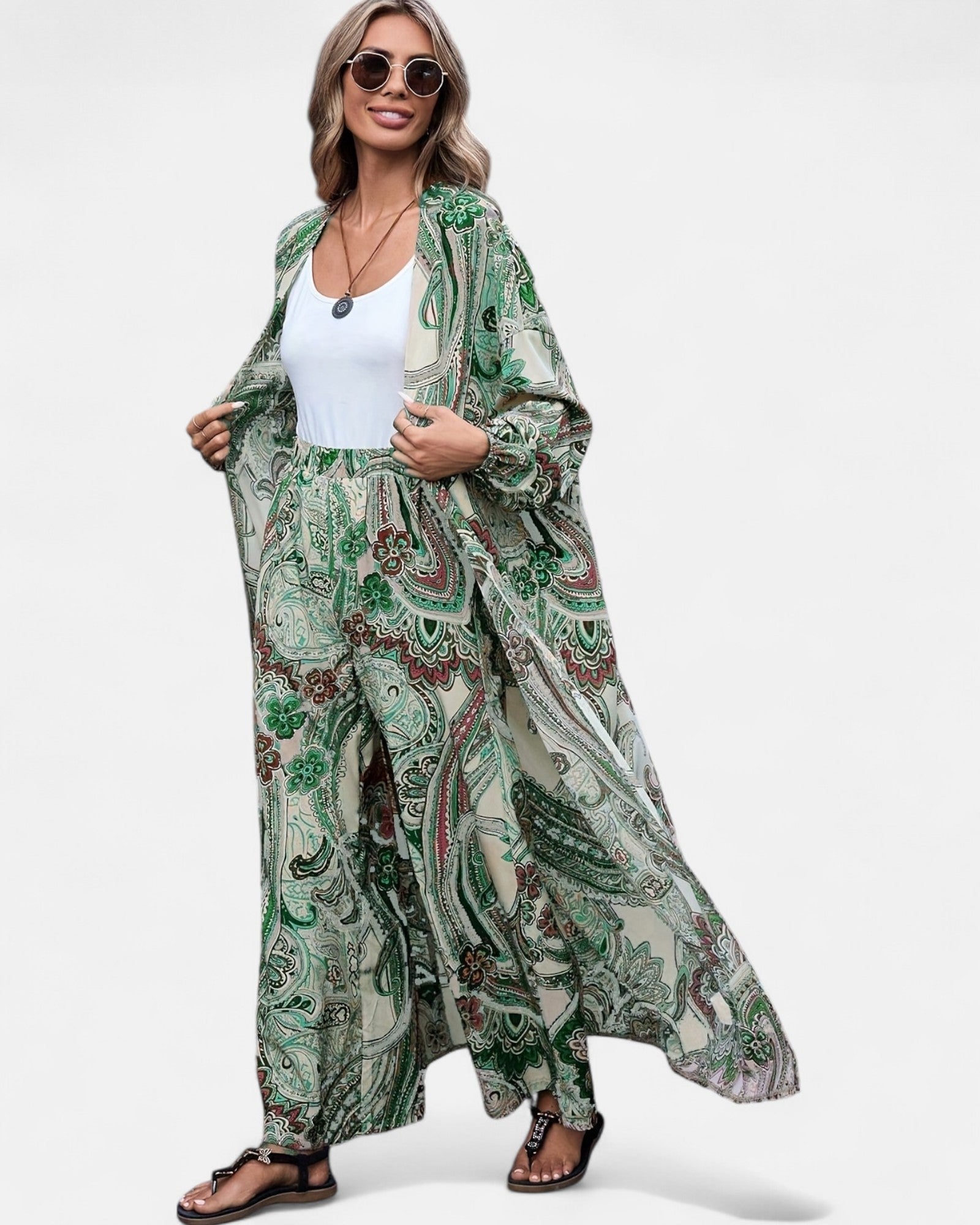 Odalyn – Boho Paisley Cardigan & Wide - Leg Trousers Set - Outfit Sets - Boho Style