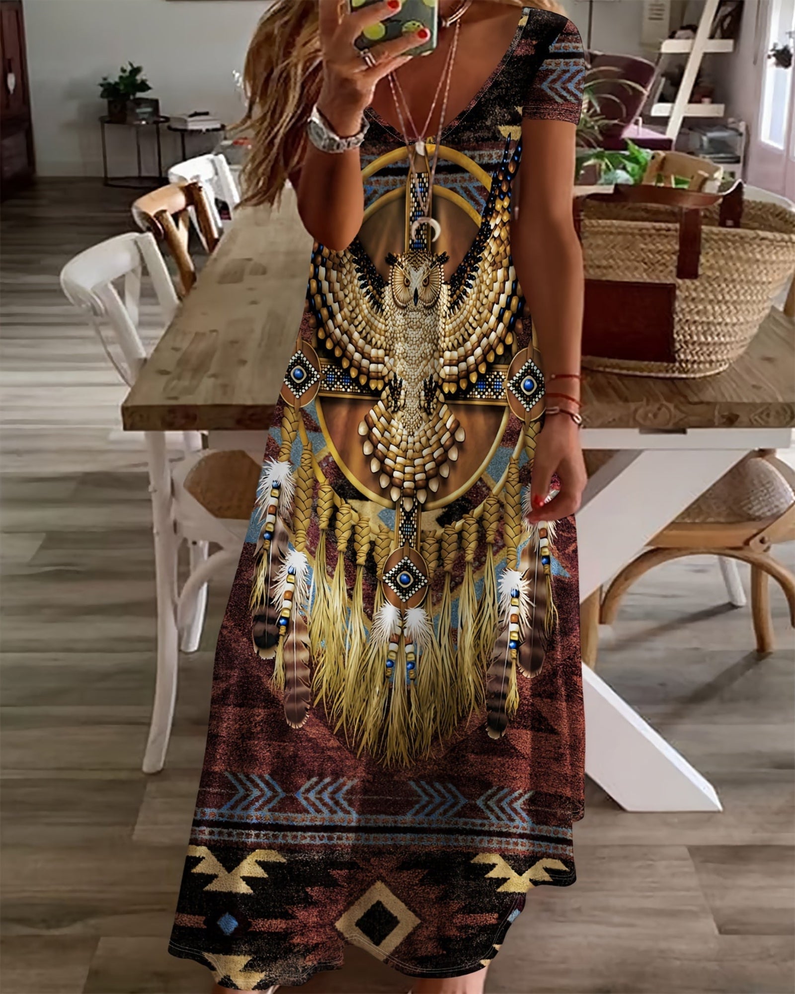 Olivia – Boho Chic V - Neck Owl Print Maxi Dress - Dress - Boho Style