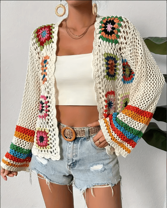 Olivia – Boho Crochet Rainbow Cardigan - Cardigan - Boho Style