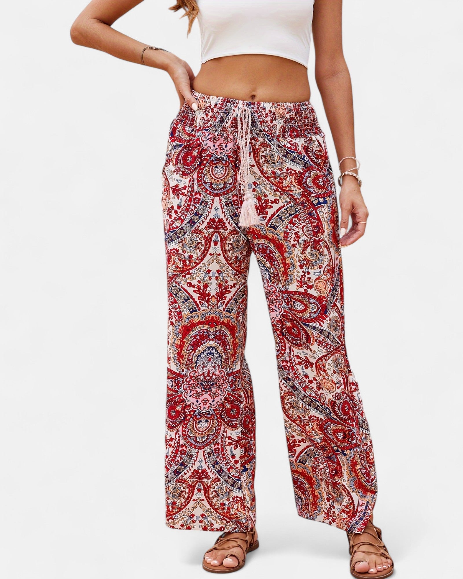 Reina – Boho Paisley Wide Leg Trousers with Tassels - Trouser - Boho Style